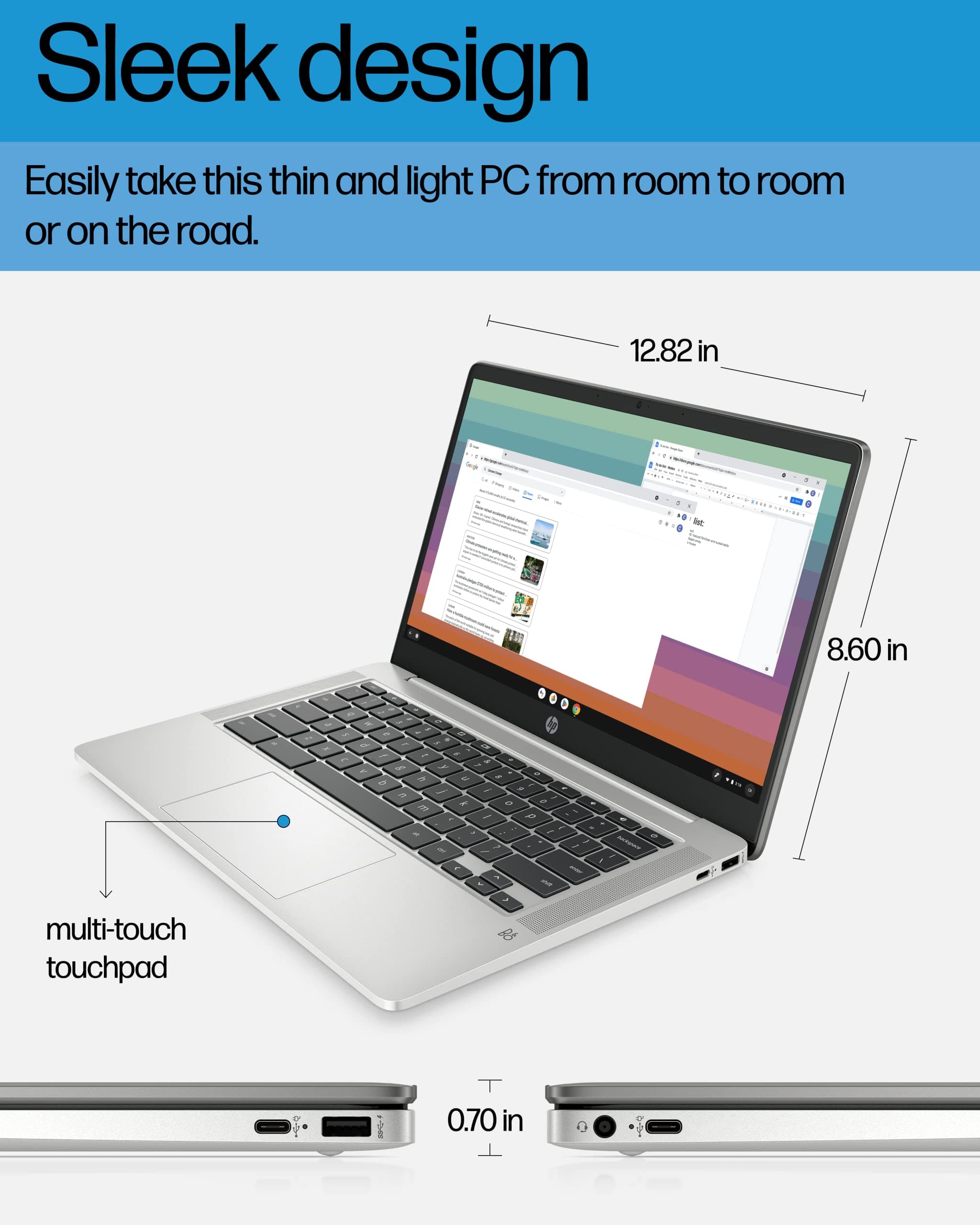 HP Chromebook 14 Laptop, Intel Celeron N4120, 4 GB RAM, 64 GB eMMC, 14" HD Display, Chrome OS, Thin Design, 4K Graphics, Long Battery Life, Ash Gray Keyboard (14a-na0226nr, 2022, Mineral Silver), view 5