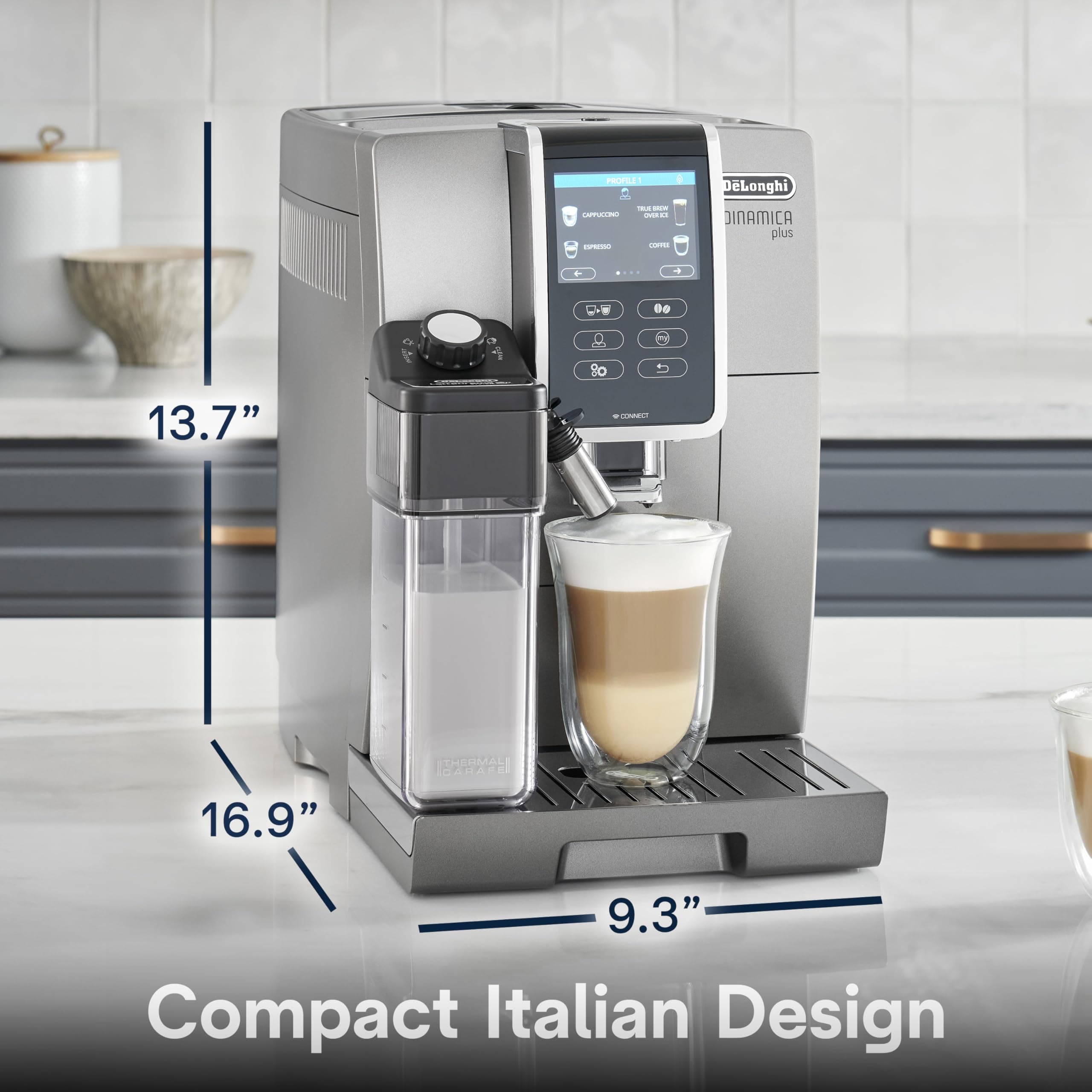 De'Longhi Dinamica Plus Connected Espresso & Coffee Machine with Automatic Milk Frother, 18 Recipes, Built in Grinder, App Compatible, LatteCrema Technology for Ideal Milk Texture, Color Touch Display, view 6