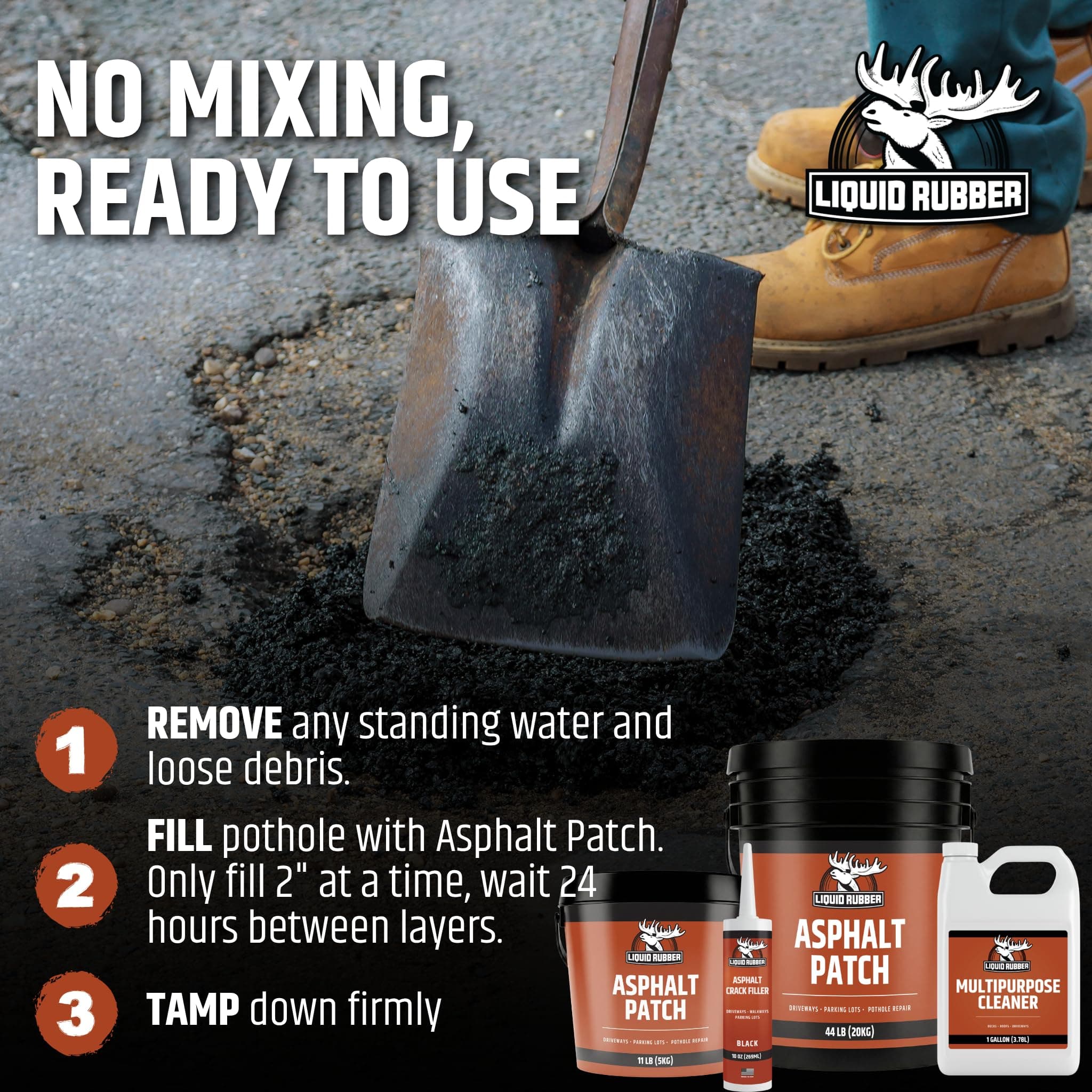 Liquid Rubber Asphalt Patch, Cold Patch for Driveways & Potholes, 44lb Pail, view 5