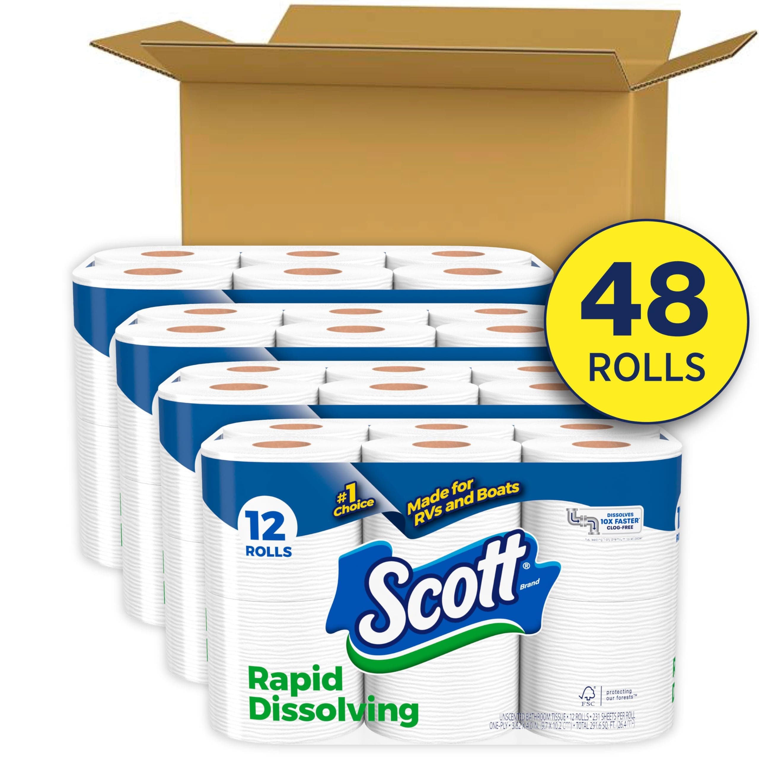 Scott Rapid-Dissolving Toilet Paper, 48 Double Rolls, Septic-Safe, Toilet Paper, 1 Ply, White, view 2