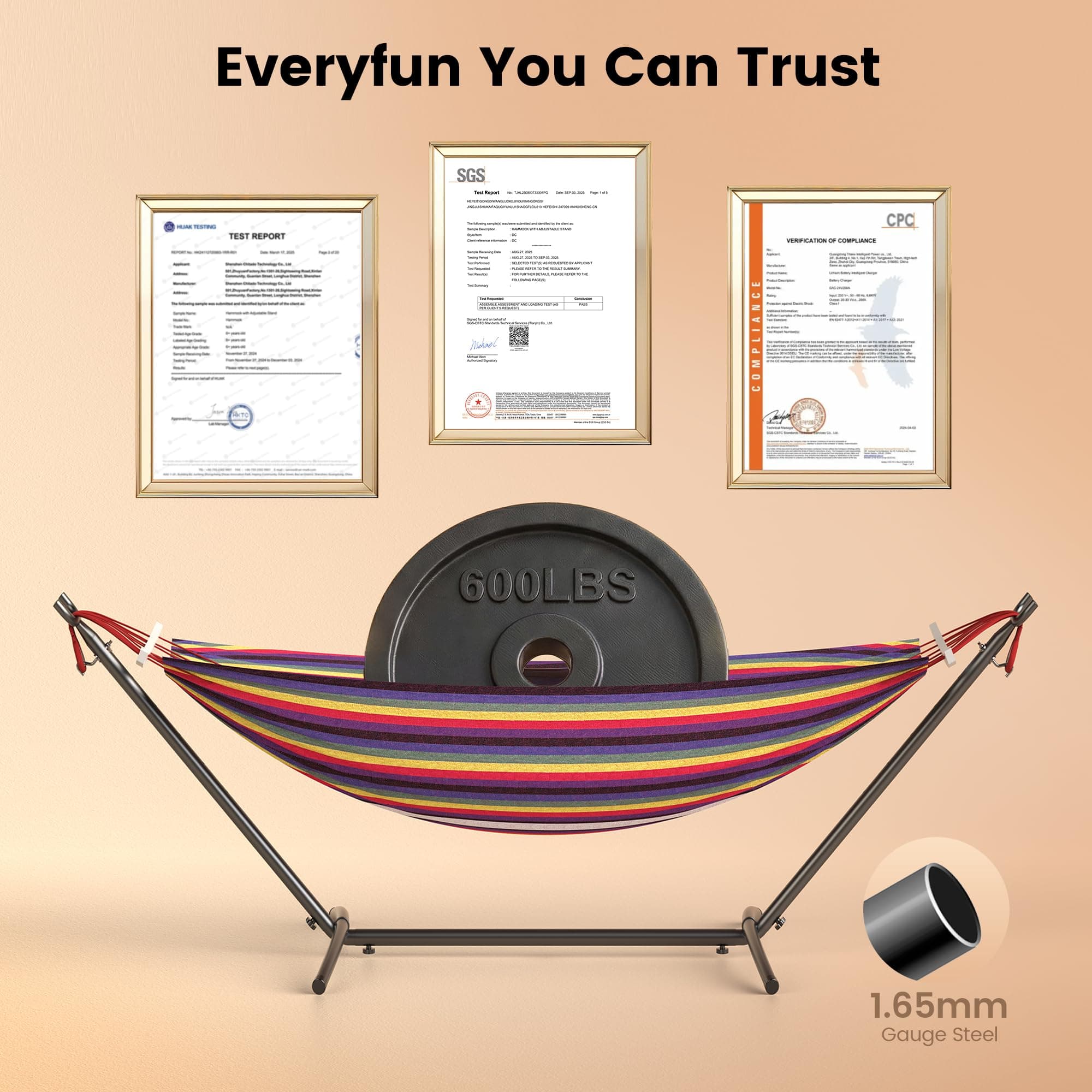 Everyfun Double Hammock with Stand, 2 Person Heavy Duty Hammock with Steel Stand, 600 lbs Capacity Cotton Hammock for Outdoor Indoor Patio Yard, Portable with Carrying Bag, Tool-Free 10-Min Assembly, view 7