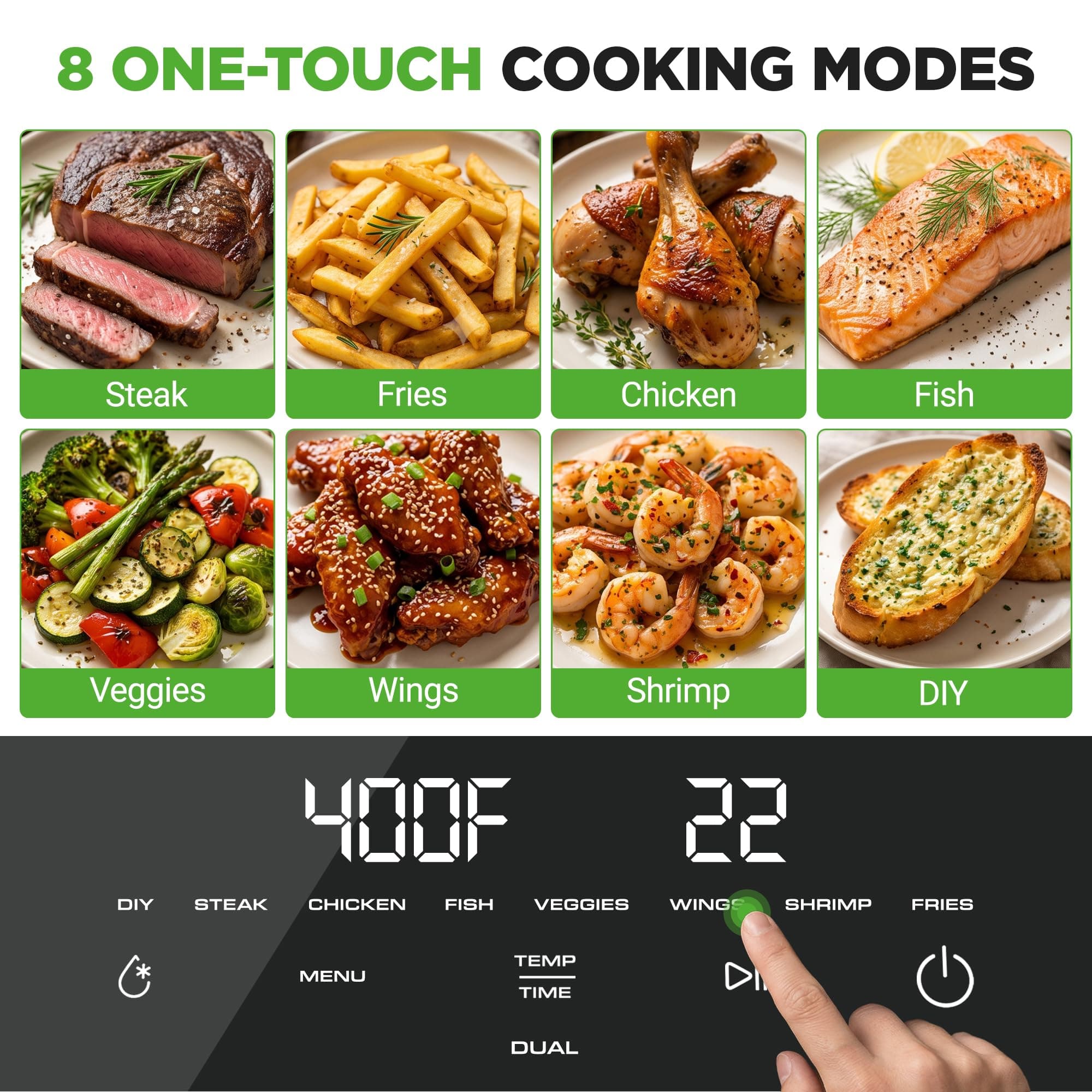 NutriChef 8.5 Quart Family Size Double Glass Basket Air Fryer | 8-in-1 Preset Dual Cook Modes | Glass Fry Bowls for Best Cooking | Cook Steak, Fries & More | Adjustable Temperature & Timer | White, view 3