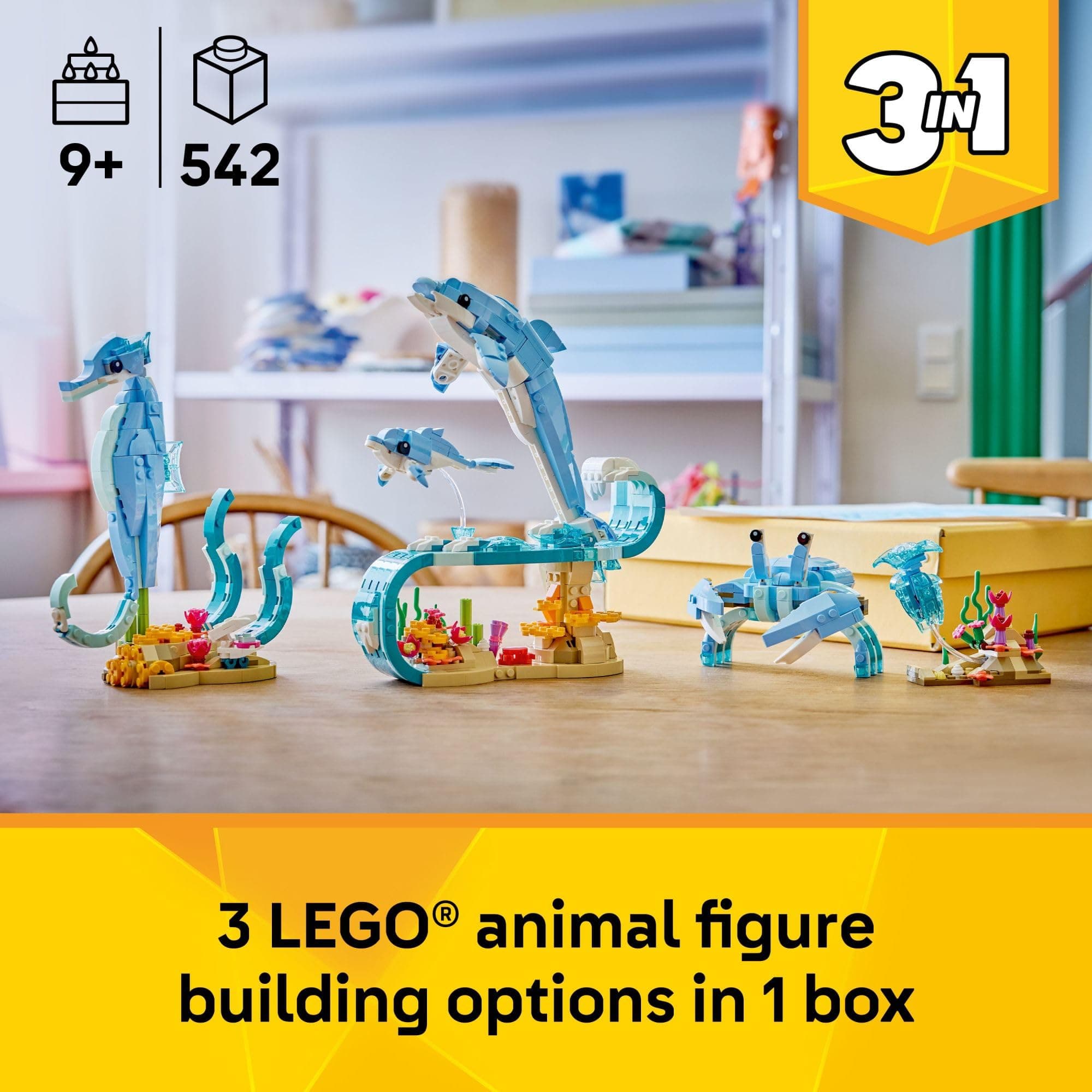 LEGO Creator 3 in 1 Sea Animals: Beautiful Dolphins Building Toy for Girls, Boys, & Kids, Ages 8+ - Gift for Birthdays - Build a Dolphin, Seahorse, or Crab Animal Figure - 31385, view 2