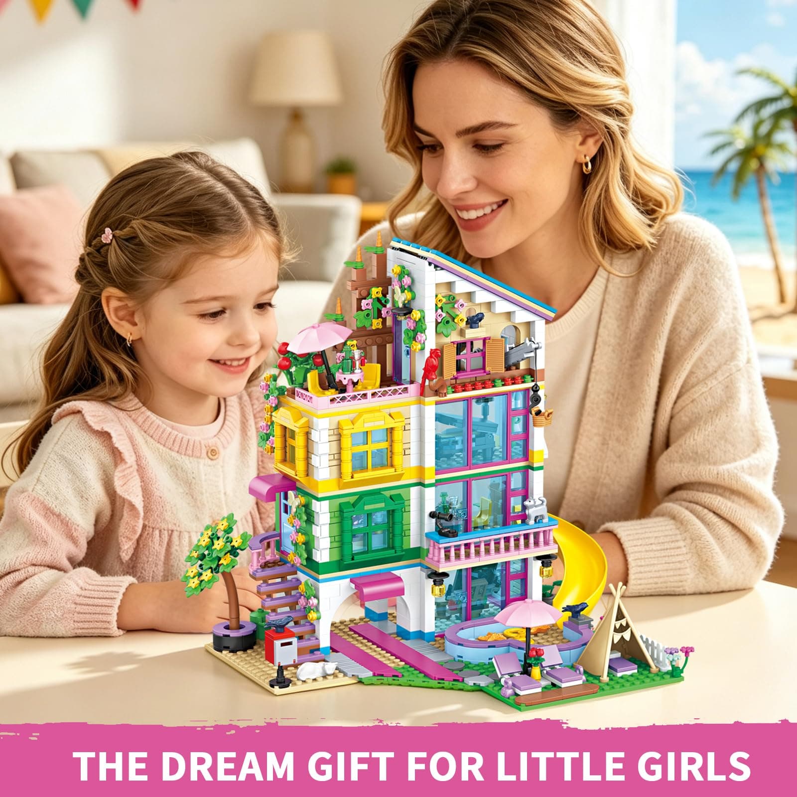 4-Story Villa Building Set for Girls, House Building Block Set with Heart Pool, Piano Room & Pink Car, 1310 Pcs Toys & Christmas Birthday Gifts for Kids Girls Ages 8-12, Compatible with Lego, view 7