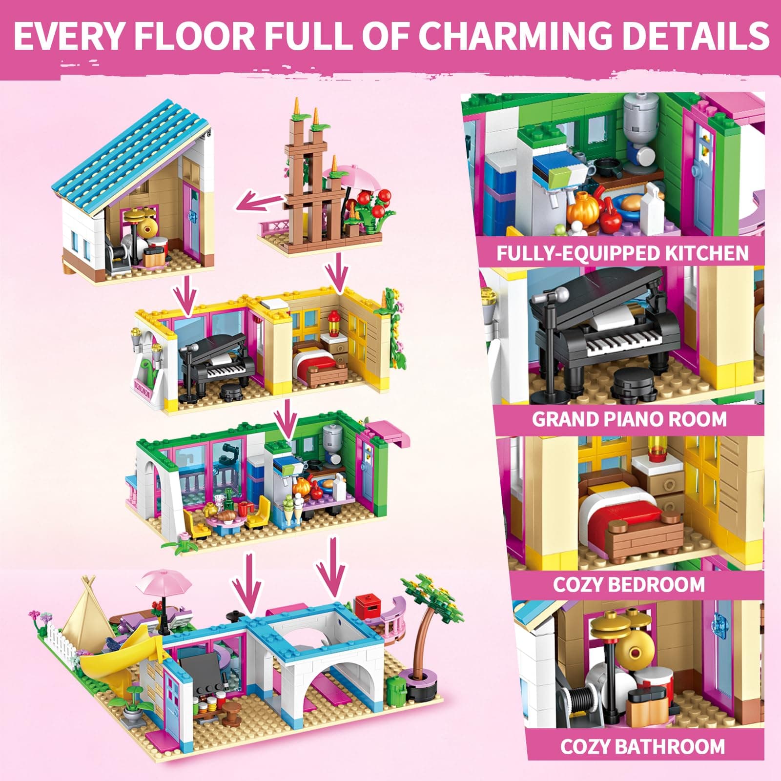 4-Story Villa Building Set for Girls, House Building Block Set with Heart Pool, Piano Room & Pink Car, 1310 Pcs Toys & Christmas Birthday Gifts for Kids Girls Ages 8-12, Compatible with Lego, view 4