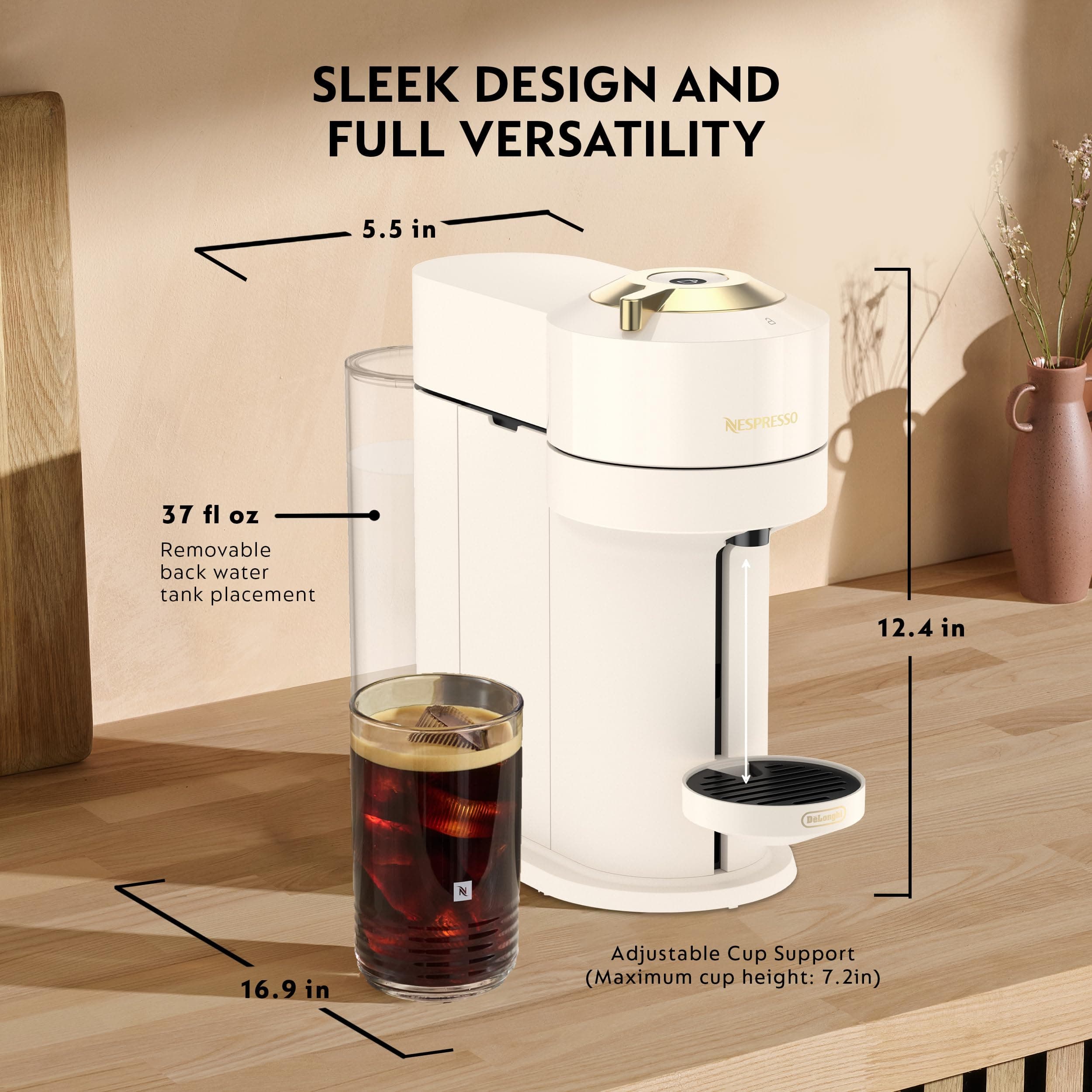 Nespresso Vertuo Next Coffee and Espresso Maker by De'Longhi, Creamy White and Gold, view 2