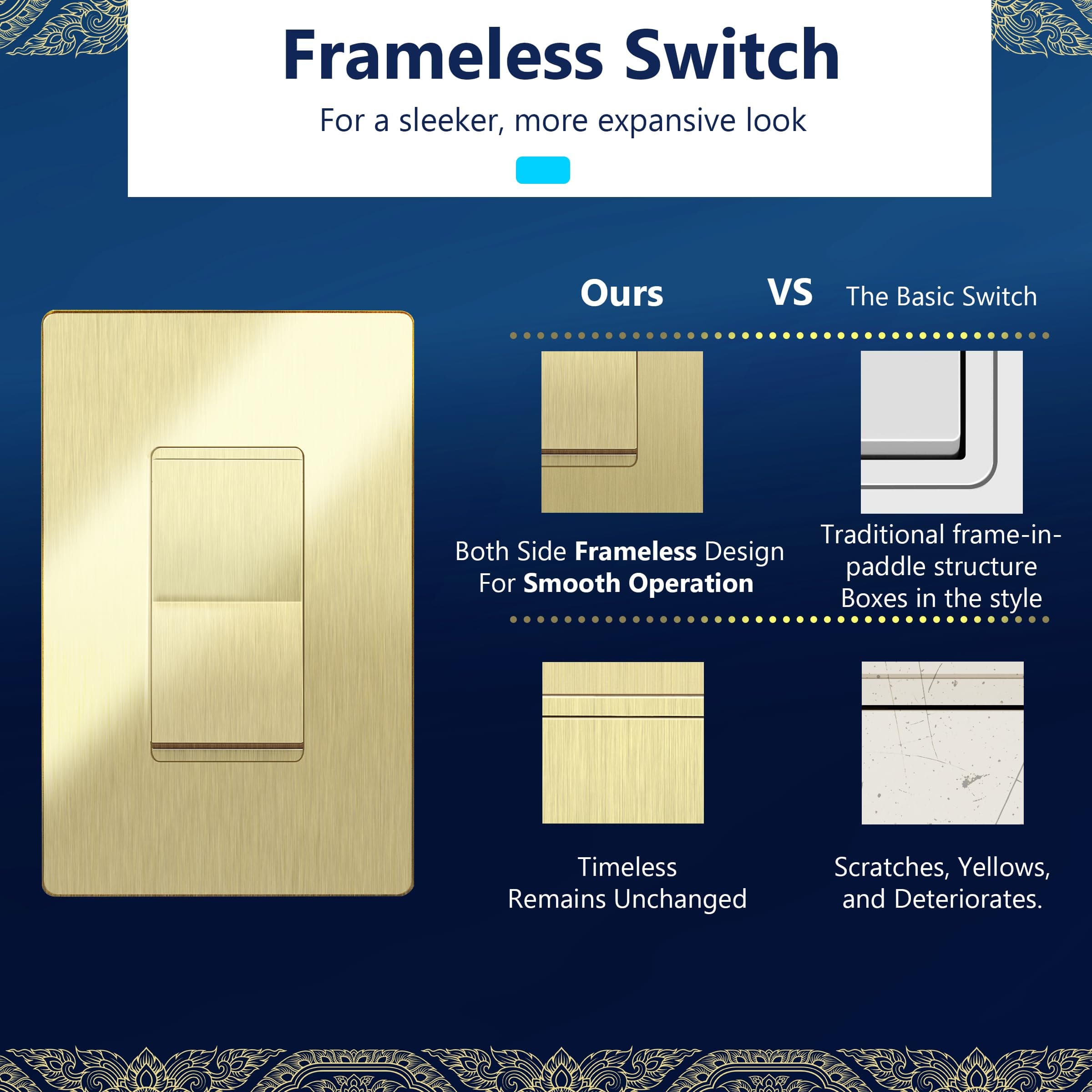 LIDER Frameless Paddle Wall Light Switch, 3 Wire, 15A -277VAC, Brushed Gold, view 4