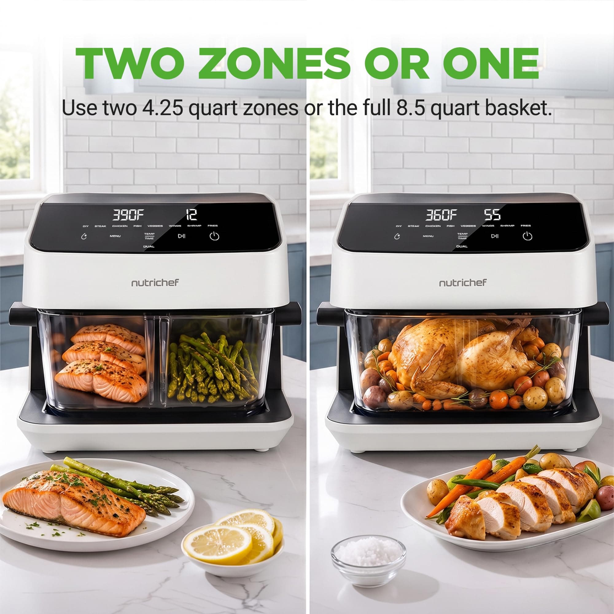 NutriChef 8.5 Quart Family Size Double Glass Basket Air Fryer | 8-in-1 Preset Dual Cook Modes | Glass Fry Bowls for Best Cooking | Cook Steak, Fries & More | Adjustable Temperature & Timer | White, view 5