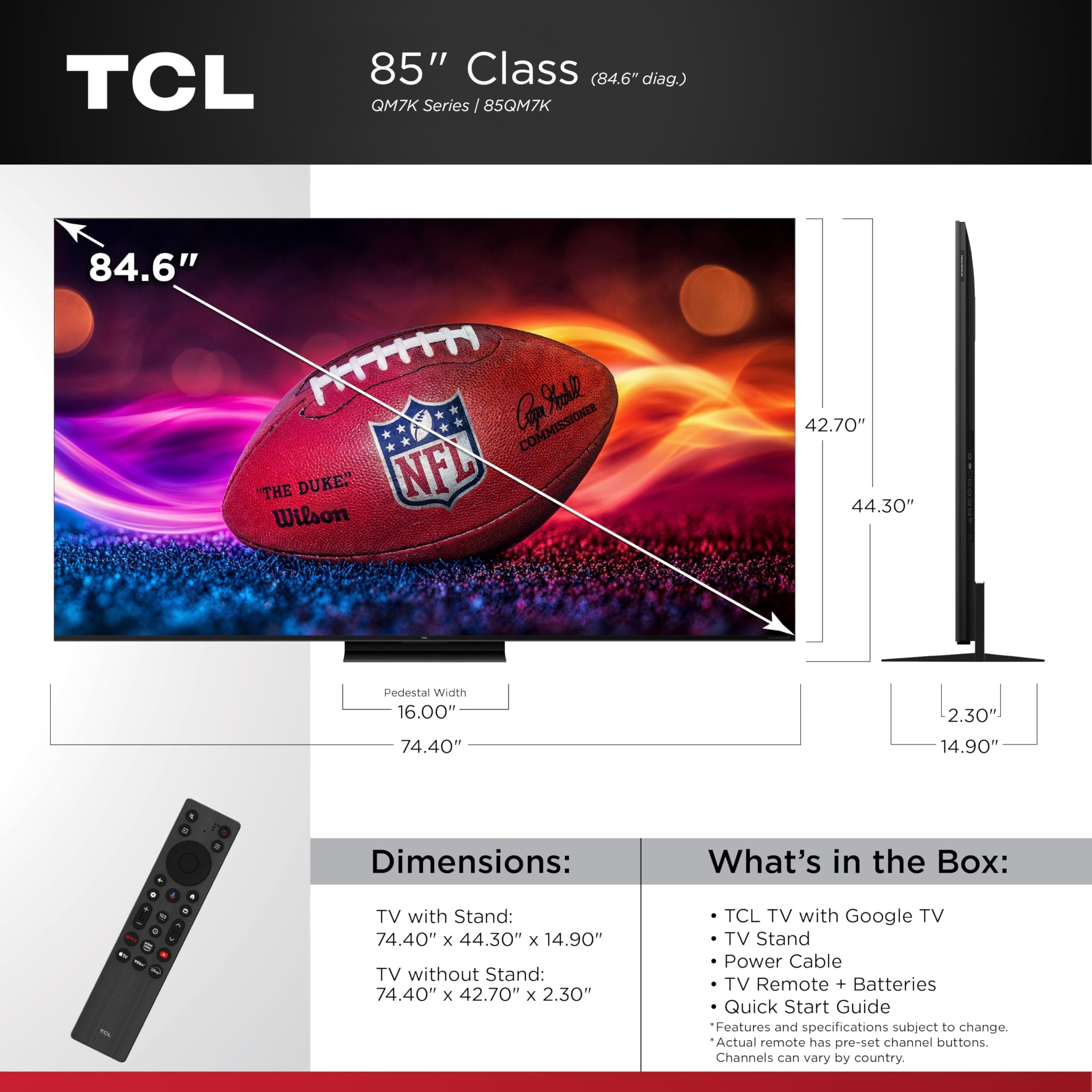 TCL 85 Inch Class QM7K Series | Mini LED QLED 4K HDR | 85QM7K, 2025 Model | 120HZ-144HZ Anti Reflective Screen Smart Google TV Dolby Atmos Onkyo Audio | Voice Remote Alexa Gaming Streaming Television, view 2