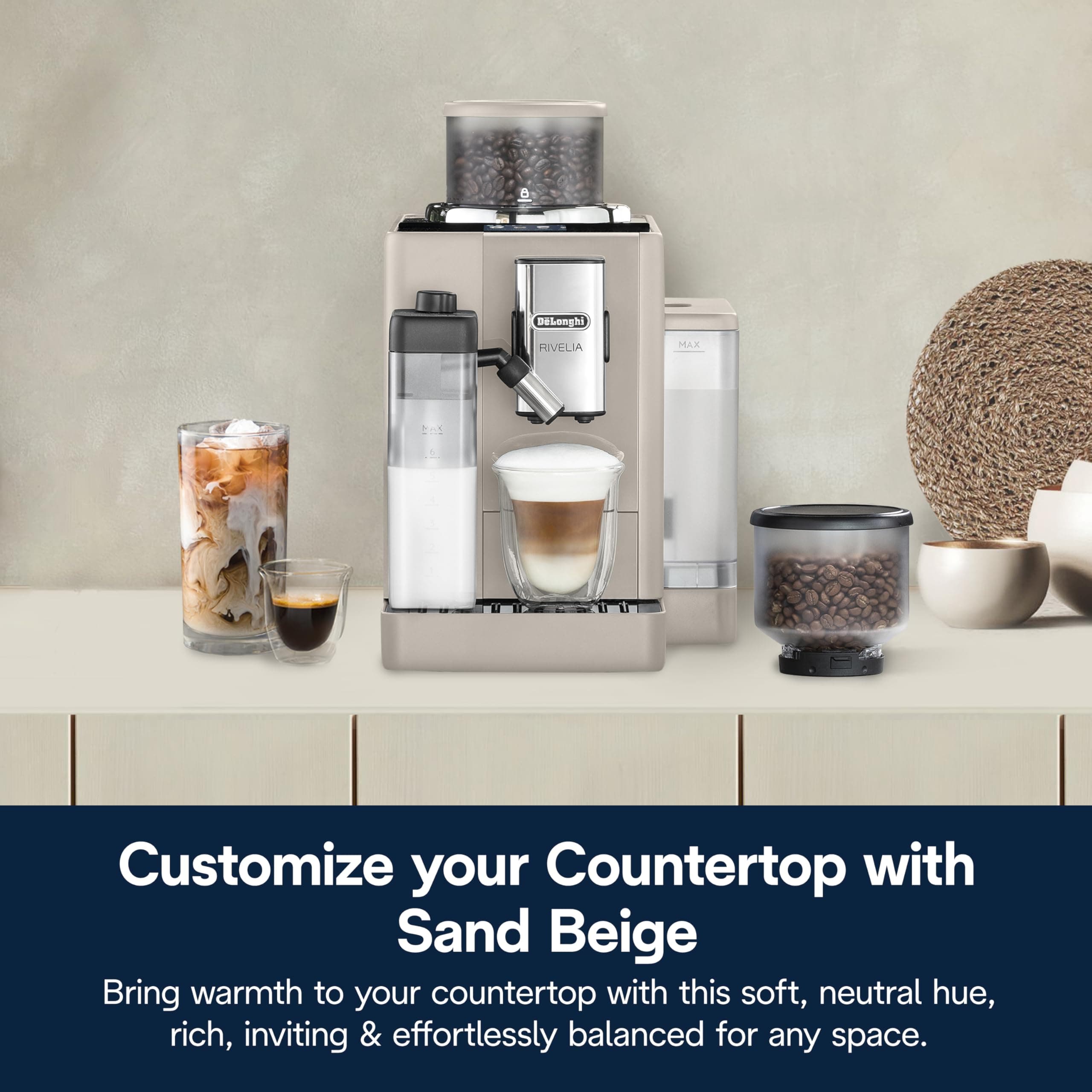 De'Longhi Rivelia Automatic Espresso Machine, Grinder, Milk Frother, Beige, view 8