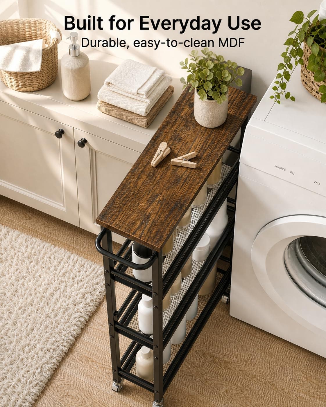 Pipishell Slim Storage Cart with Wheels - 4 Tier Rolling Kitchen Storage Cart with Handle and Wood Top, Metal Slim Bathroom Cart for Laundry Room, Bathroom, Kitchen, Narrow Space, Black & Rustic Brown, view 5