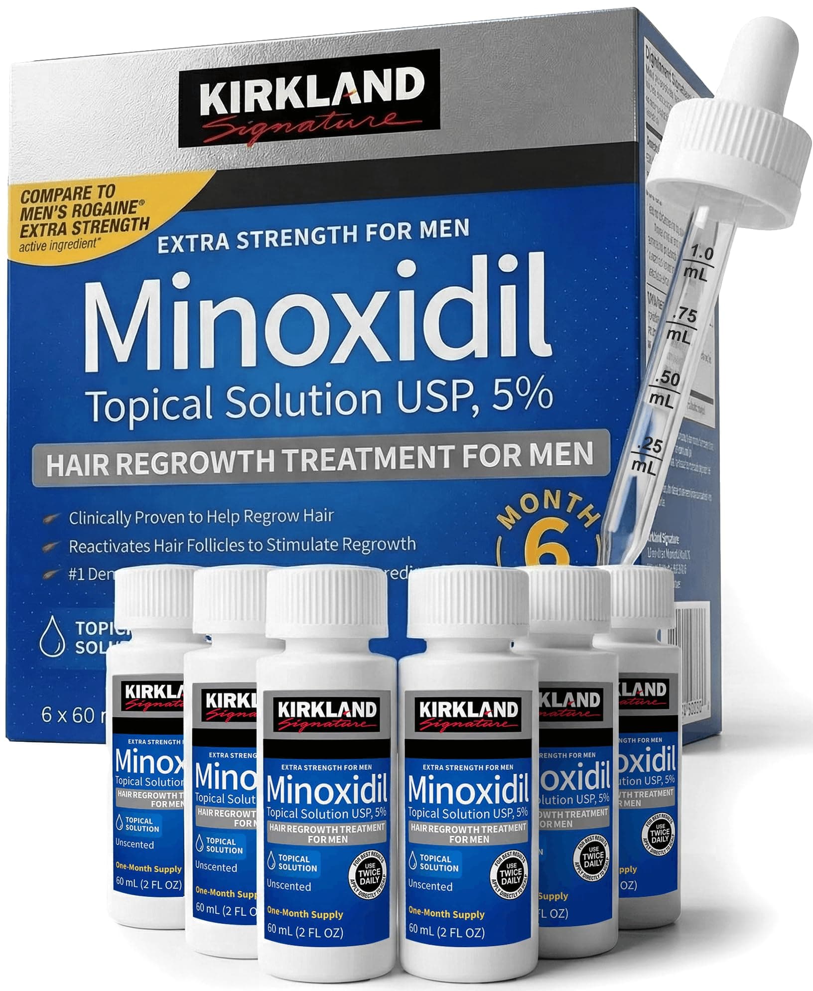 Kirkland Minoxidil for Men Liquid, Extra Strength Hair Regrowth Treatment 5%, 6 Months Supply - Upgraded Dropper Applicator and Bonus Free Guide Included
