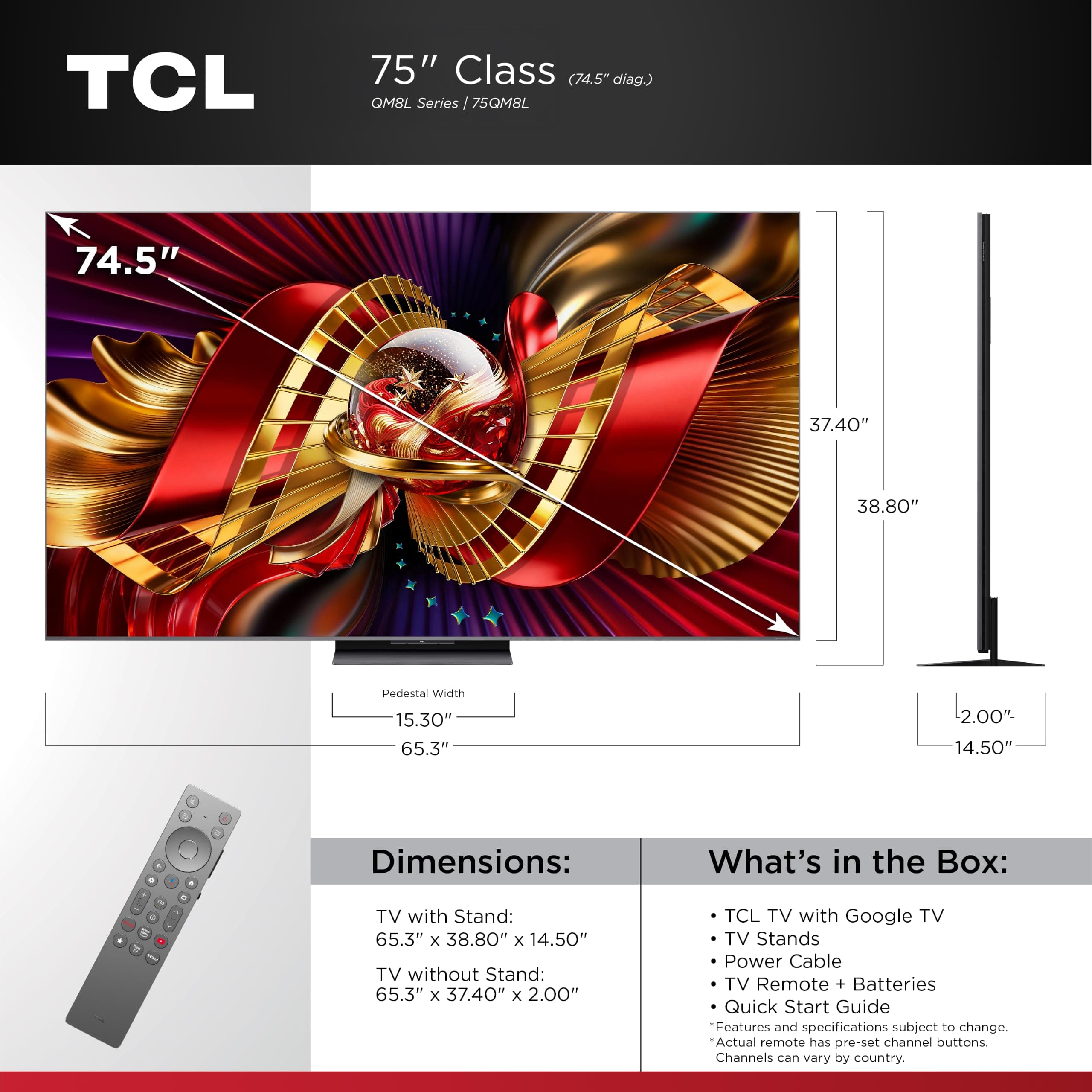 TCL 75 Inch Class QM8L Series | SQD-Mini-LED QLED Smart TV | 75QM8L, 2026 Model | 144Hz | Ultimate Color Brightness & Contrast | Google AI Bang & Olufsen | Voice Control Gaming Streaming Television, view 2