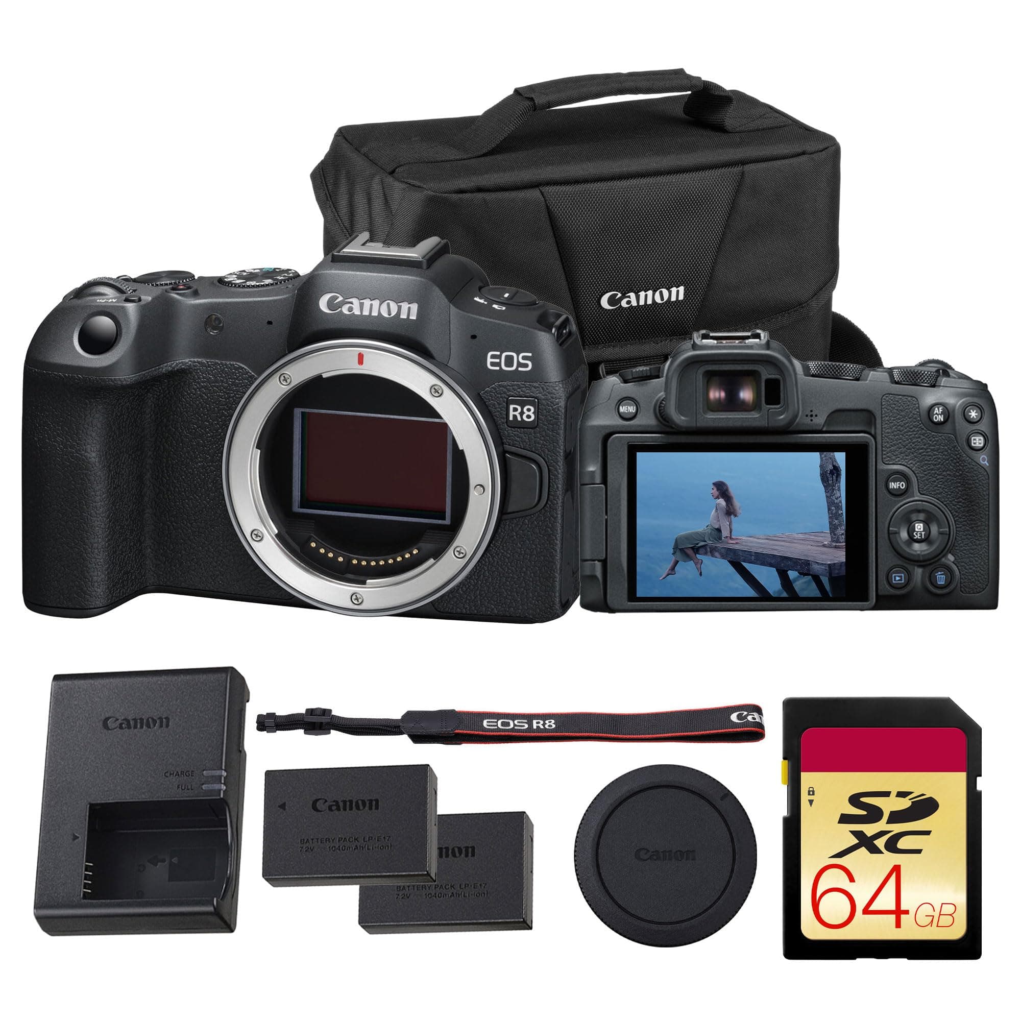 Canon EOS R8 Full-Frame Mirrorless Camera – 24.2MP, 4K60p Video, Dual Pixel AF II, Wi-Fi, Lightweight Body – Body Only (5803C002) + 64GB Memory Card + LP-E17 Battery + Canon Shoulder Bag