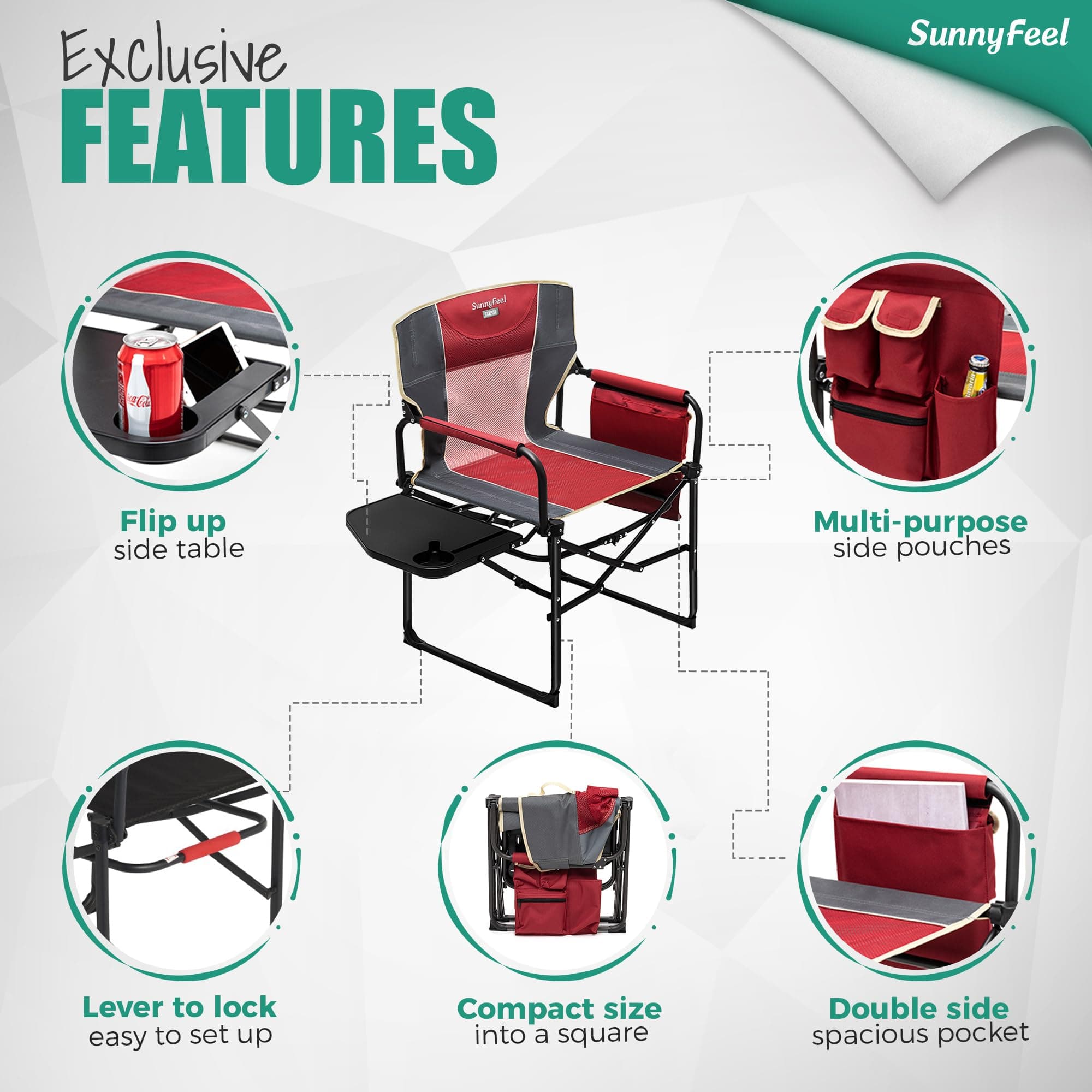 SUNNYFEEL Oversized Camping Chair Portable Directors Chairs with Side Table, view 5