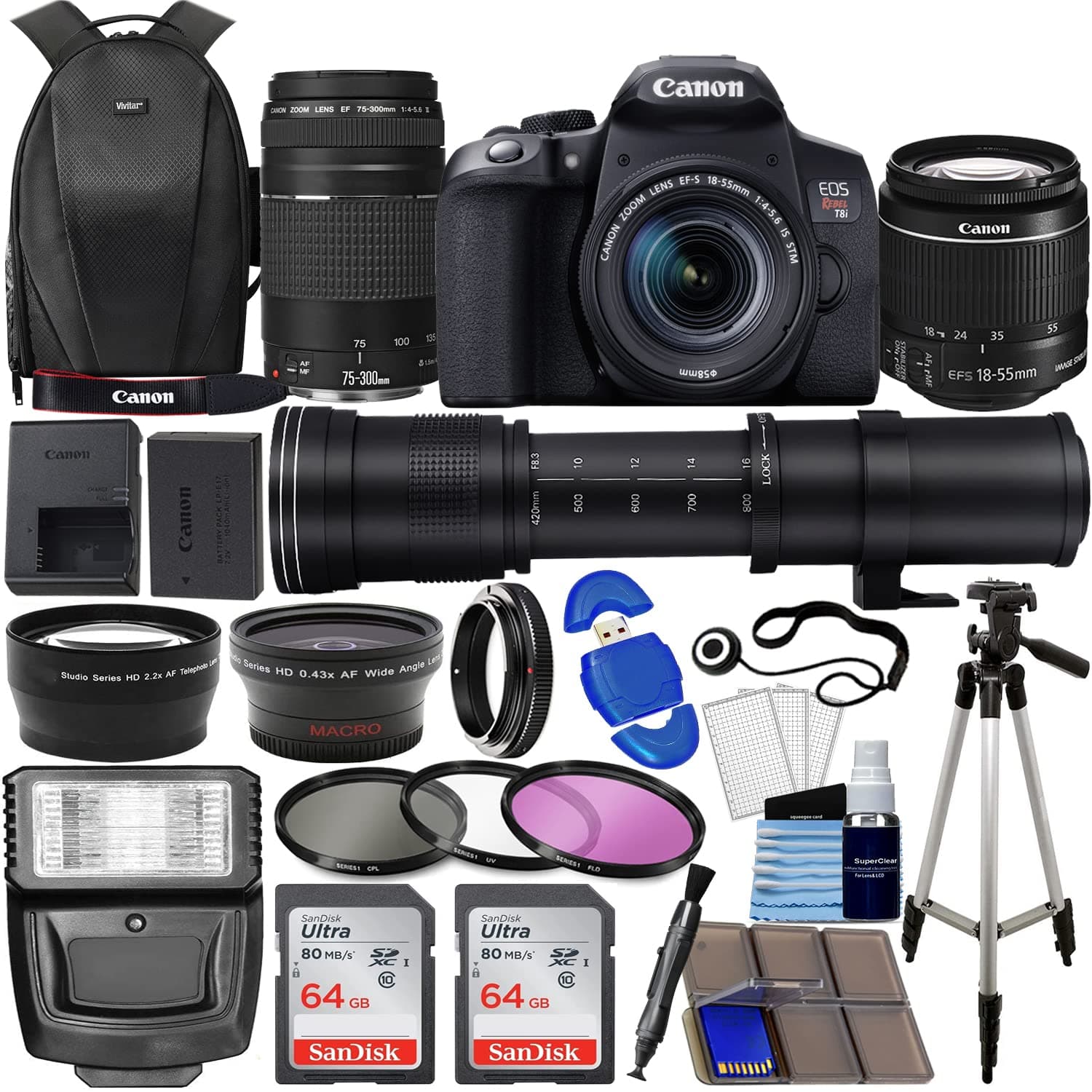 Canon EOS Rebel T8i DSLR Camera with 18-55mm & 75-300mm Lenses - 420-800mm Super Zoom Lens - 128GB Memory - Case - Tripod - 3pc Filter Kit - Black