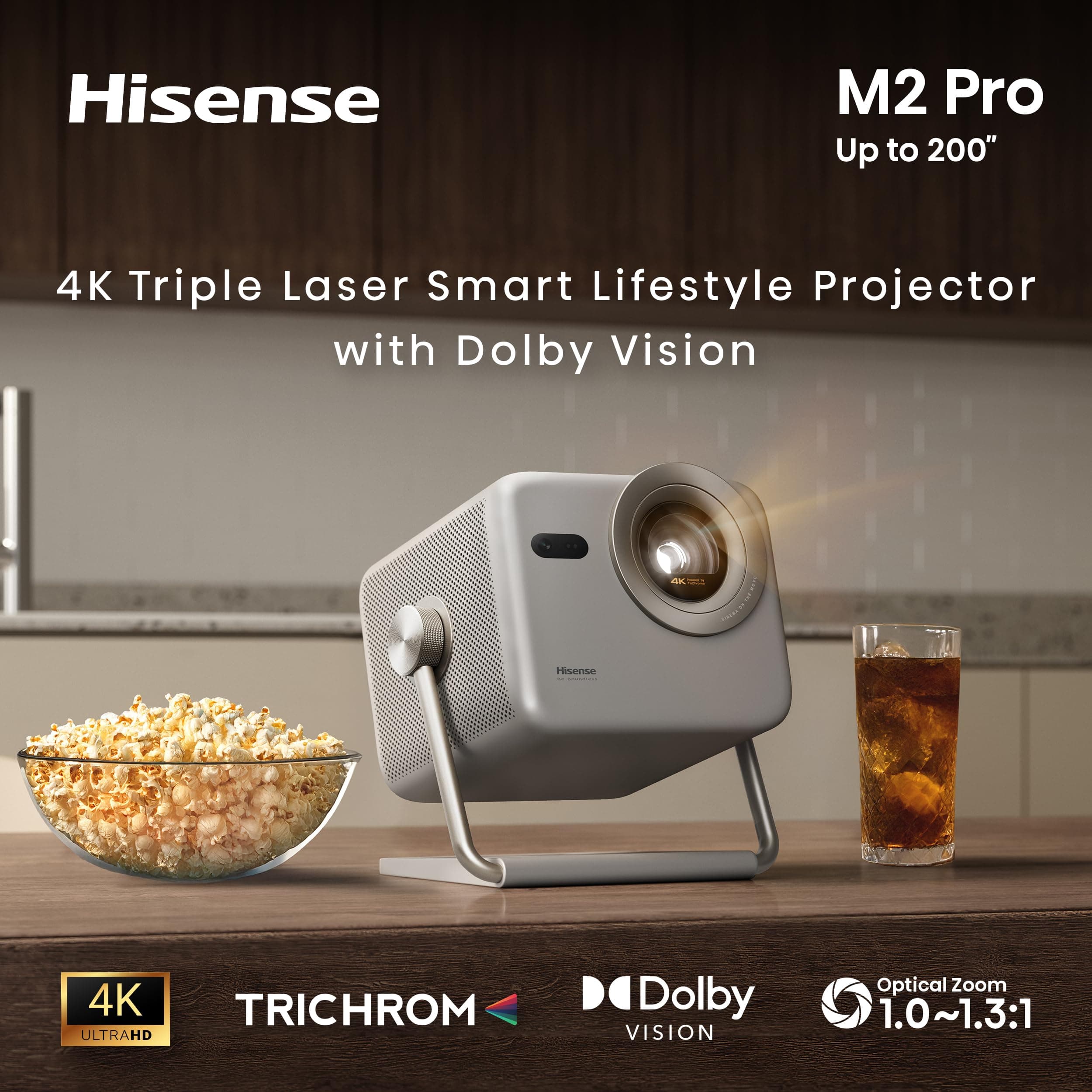 Hisense M2 Pro, Triple Laser Smart Portable Lifestyle Projector, 4K UHD, 65” – 200”, 1,300 Lumens, Dolby Vision,Optical Zoom, Intelligent Screen Adjustments, Vidaa OS, Netflix Included, view 3