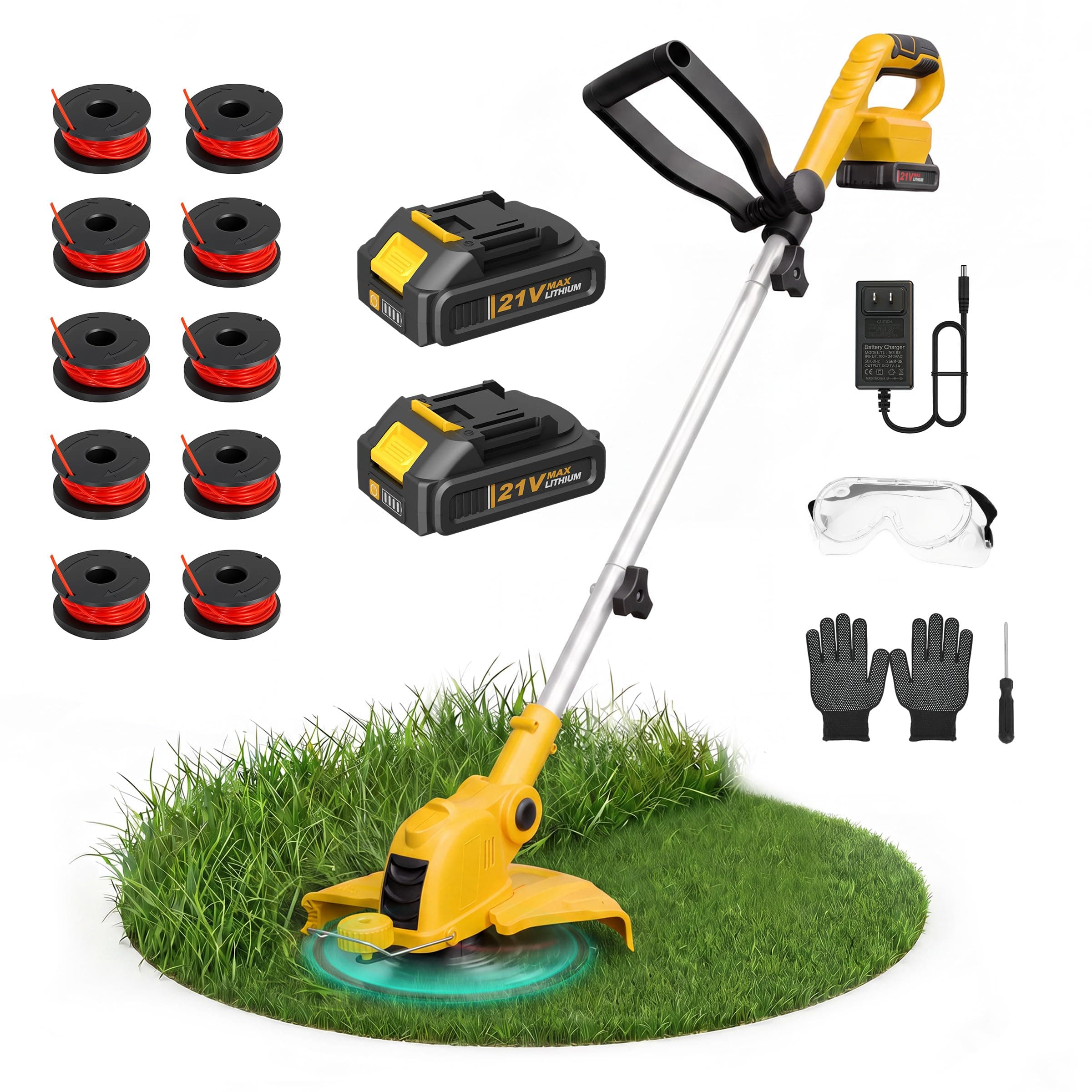 ALSO GO 21V Cordless Weed Wacker,12 Inch String Trimmer with Auto Line Feed, Battery Powered Weed Eater with 2 x 2.0Ah Batteries &10 Spare Spools, 2-in-1 Weed Whacker& Edger Lawn Tool for Yard, Garden