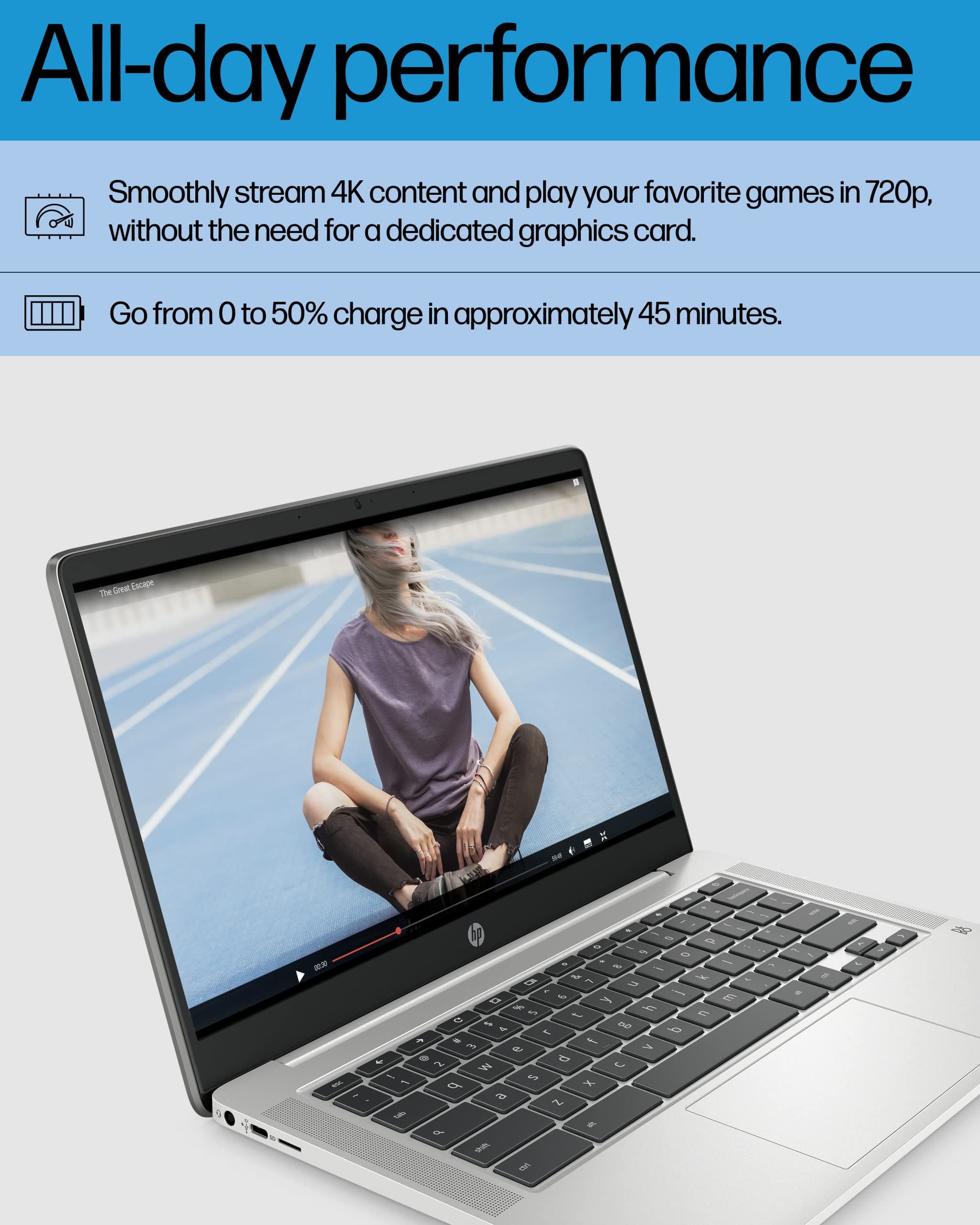HP Chromebook 14 Laptop, Intel Celeron N4120, 4 GB RAM, 64 GB eMMC, 14" HD Display, Chrome OS, Thin Design, 4K Graphics, Long Battery Life, Ash Gray Keyboard (14a-na0226nr, 2022, Mineral Silver), view 4
