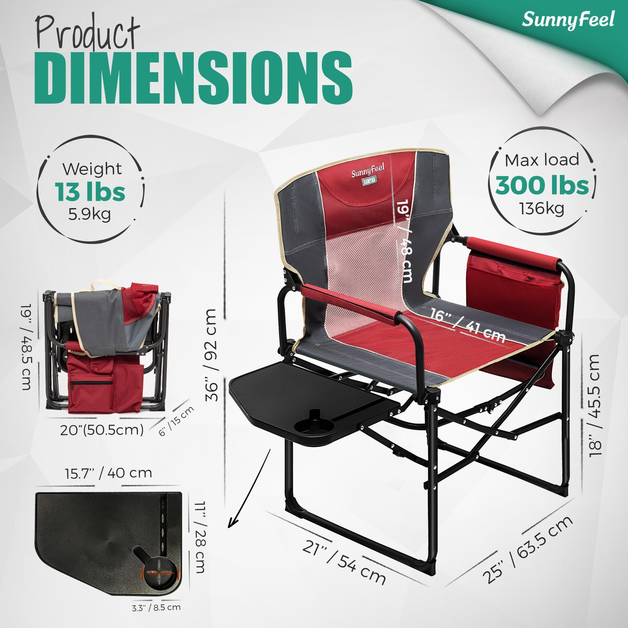 SUNNYFEEL Oversized Camping Chair Portable Directors Chairs with Side Table, view 3