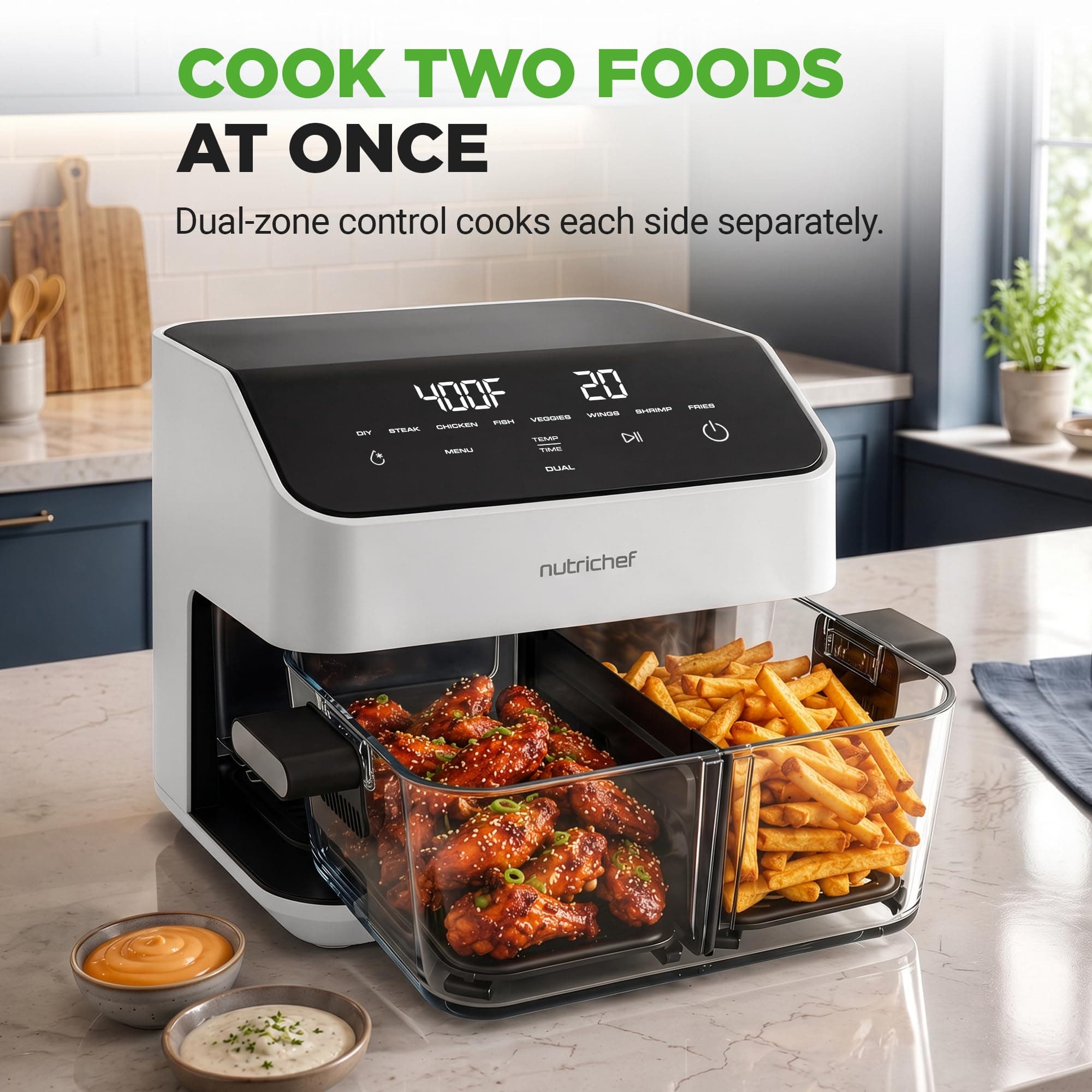 NutriChef 8.5 Quart Family Size Double Glass Basket Air Fryer | 8-in-1 Preset Dual Cook Modes | Glass Fry Bowls for Best Cooking | Cook Steak, Fries & More | Adjustable Temperature & Timer | White, view 2