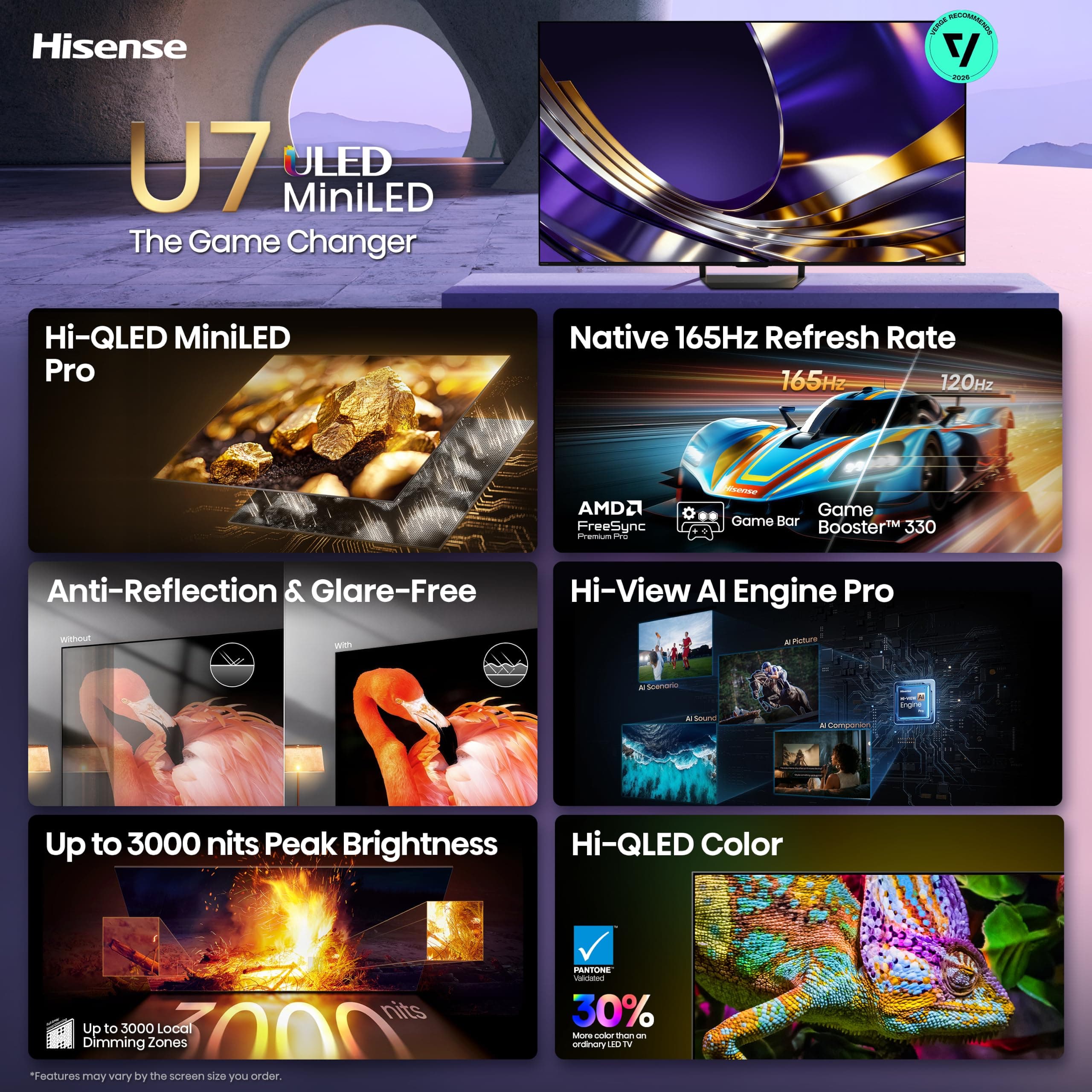 Hisense 65" U7 Mini-LED ULED 4K UHD Best Premium Gaming Smart Google TV (65U7SG, 2026 NEW) - Hi-QLED, Native 165Hz, VRR 330, HDR10+, Dolby Vision IQ · Atmos, IMAX Enhanced, Anti-Reflection, 2.1.2 Ch, view 3