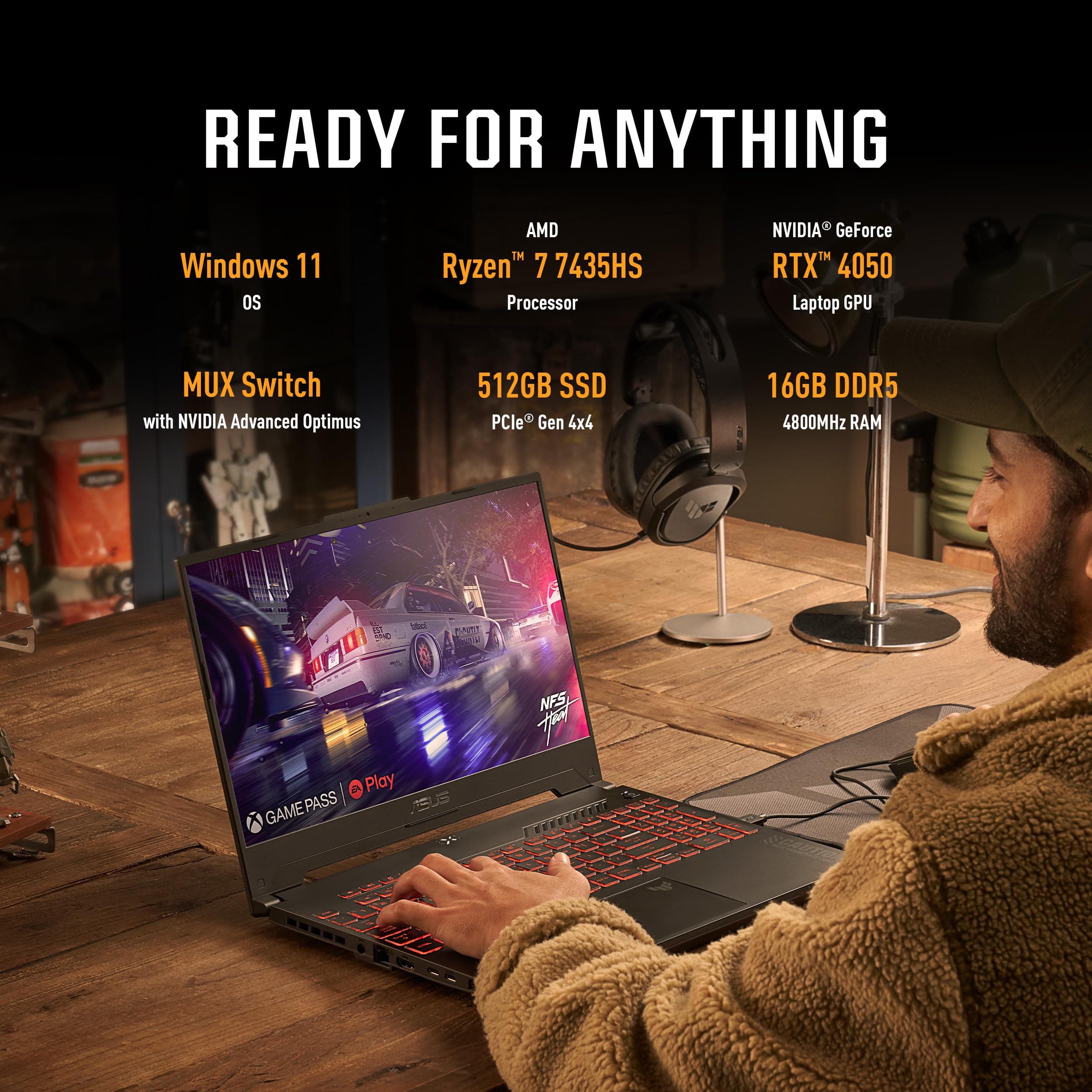ASUS TUF Gaming A15 Gaming Laptop, 15.6” FHD 144Hz, 100% sRGB Display, GeForce RTX 4050, AMD Ryzen 7 7435HS, 16GB DDR5, 512GB PCIe SSD, Wi-Fi 6, Windows 11, FA507NUR-AS73, view 5