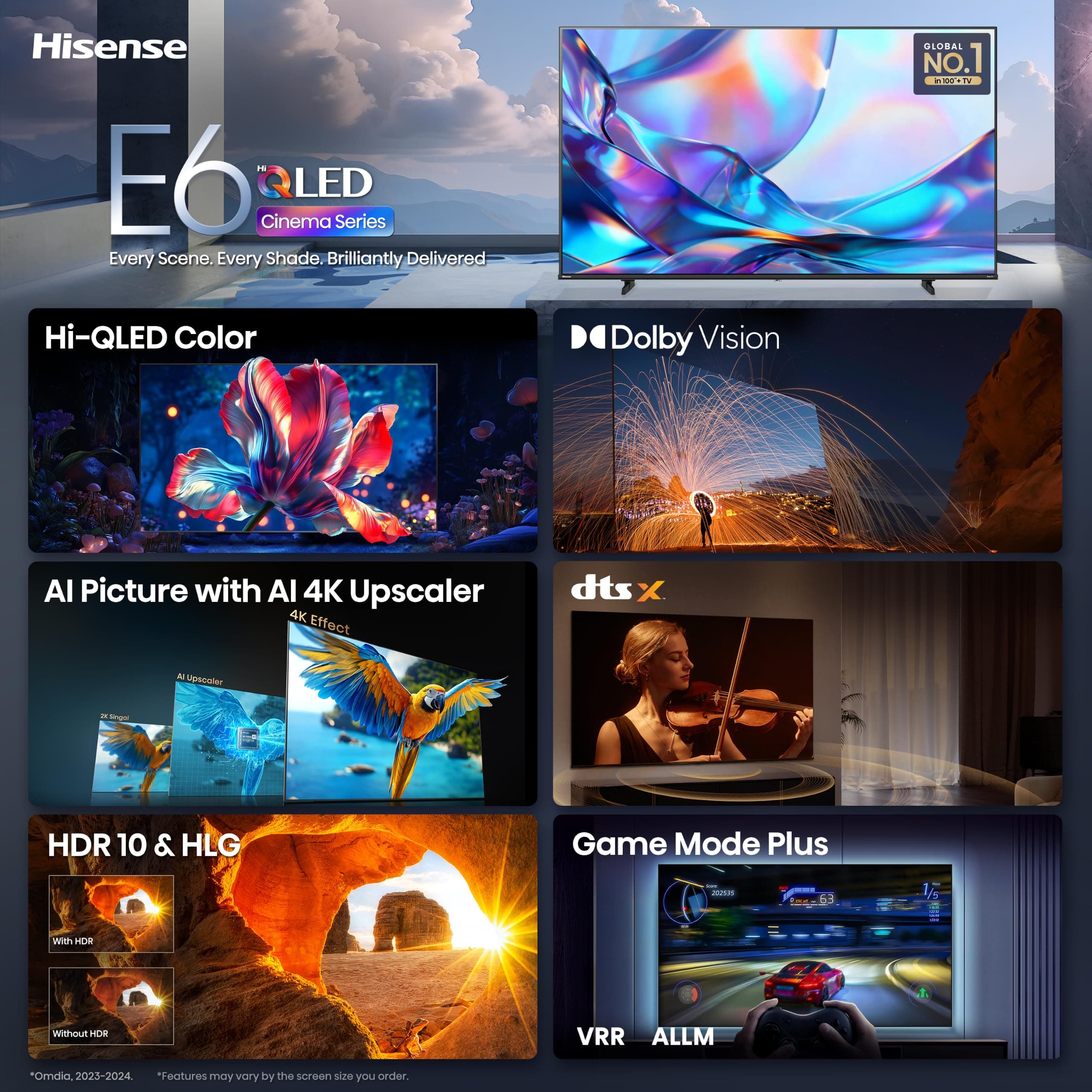 Hisense 65" Class E6SR Series Hi-QLED 4K UHD Smart Roku TV (65E6SR, 2026 Model) - Dolby Vision, Game Mode Plus, VRR, ALLM, DTS Virtual:X, Apple AirPlay, Compatible with Alexa and Google Assistant, view 3