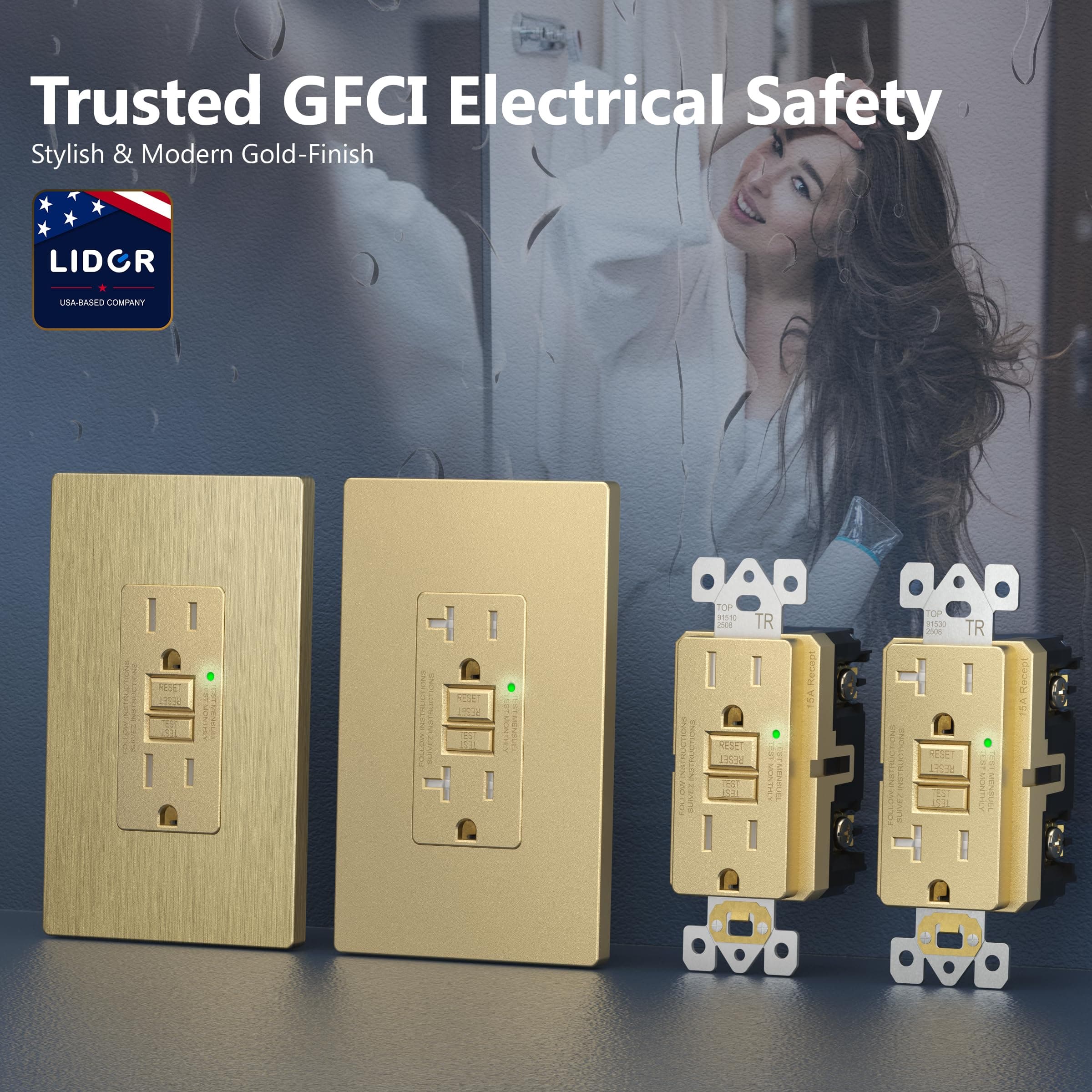 LIDER 15A GFCI Outlet, GFI Receptacle, Self-Test, ETL Listed, Matte Gold, view 5