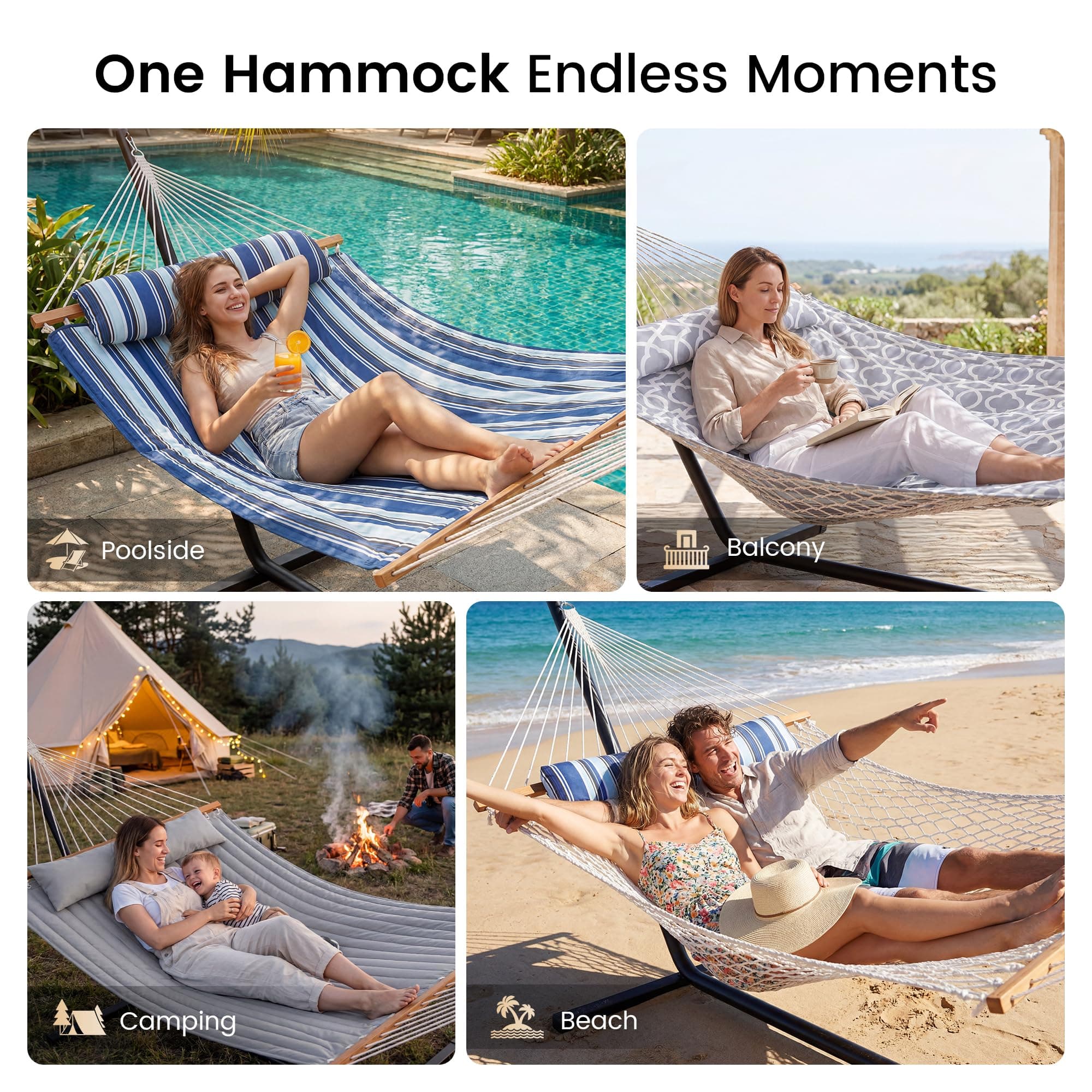 Everyfun 2 Person Hammock with Stand, Heavy Duty Double Cotton Rope Hammock with Removable Quilted Pad & Pillow, 500 LBS Adjustable Steel Frame, Tool-Free, Carry Bag for Outside Patio Yard, Blue, view 7