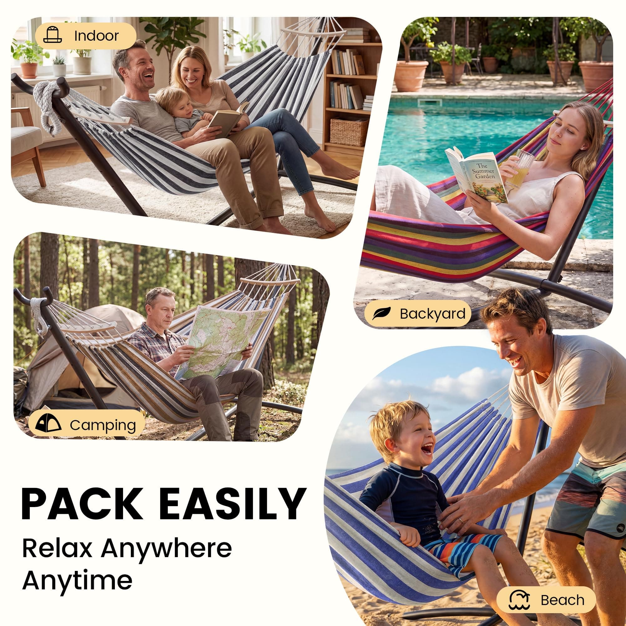 Everyfun Double Hammock with Stand, 2 Person Heavy Duty Hammock with Steel Stand, 600 lbs Capacity Cotton Hammock for Outdoor Indoor Patio Yard, Portable with Carrying Bag, Tool-Free 10-Min Assembly, view 6