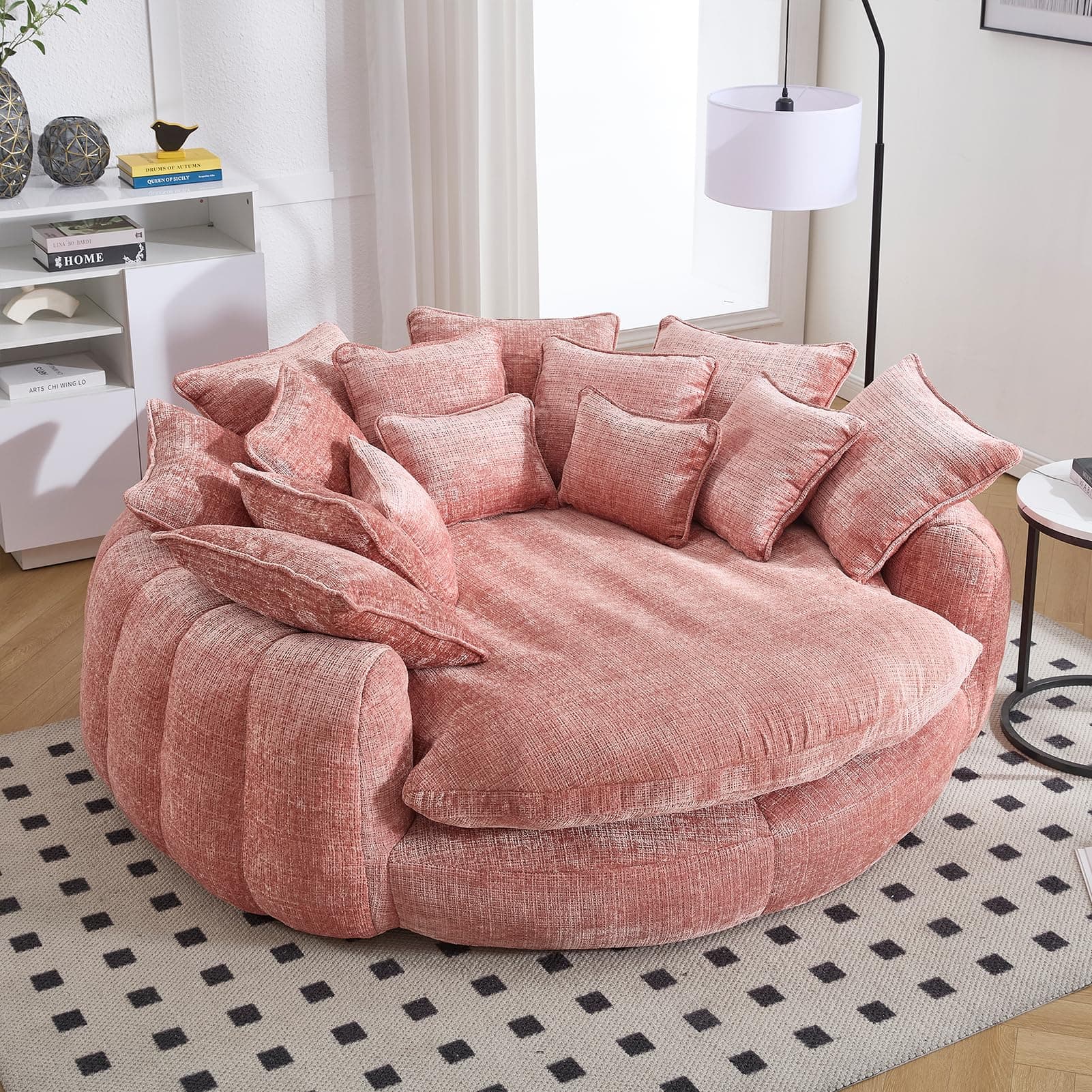 81" Oversized Round Sofa Bed, Large Chenille Bean Bag Chair, No Assembly Required Cloud Couch, Fluffy Plush Chaise Lounge Chair Indoor, Modern Sleeper Sofa with Deep Seat for Living Room (Pink)