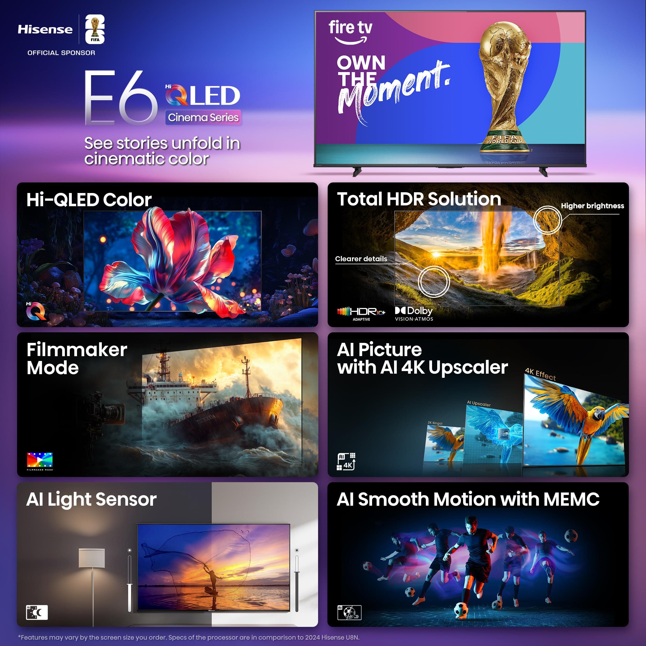 Hisense 55" E6 Cinema Series Hi-QLED 4K UHD Smart Fire TV (55E6QF) - AI Light Sensor, Dolby Vision · Atmos, Voice Remote with Alexa, Motion Rate 120, HDR 10+ Adaptive, Game Mode Plus, view 4