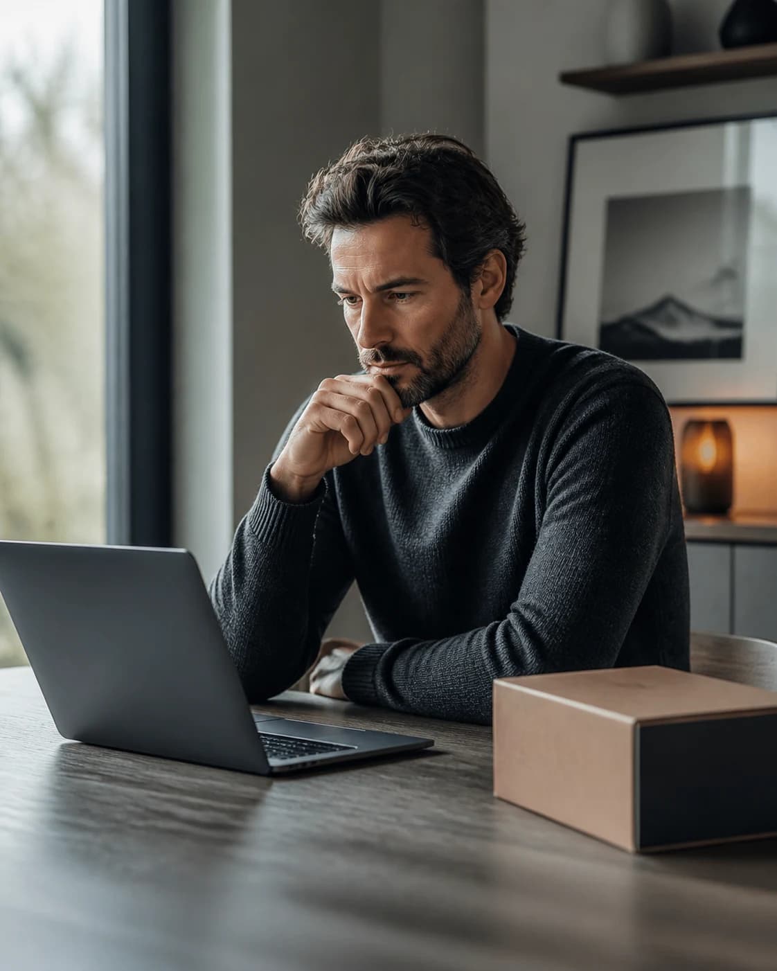Shopper considering a purchase at a laptop beside an unbranded delivery box