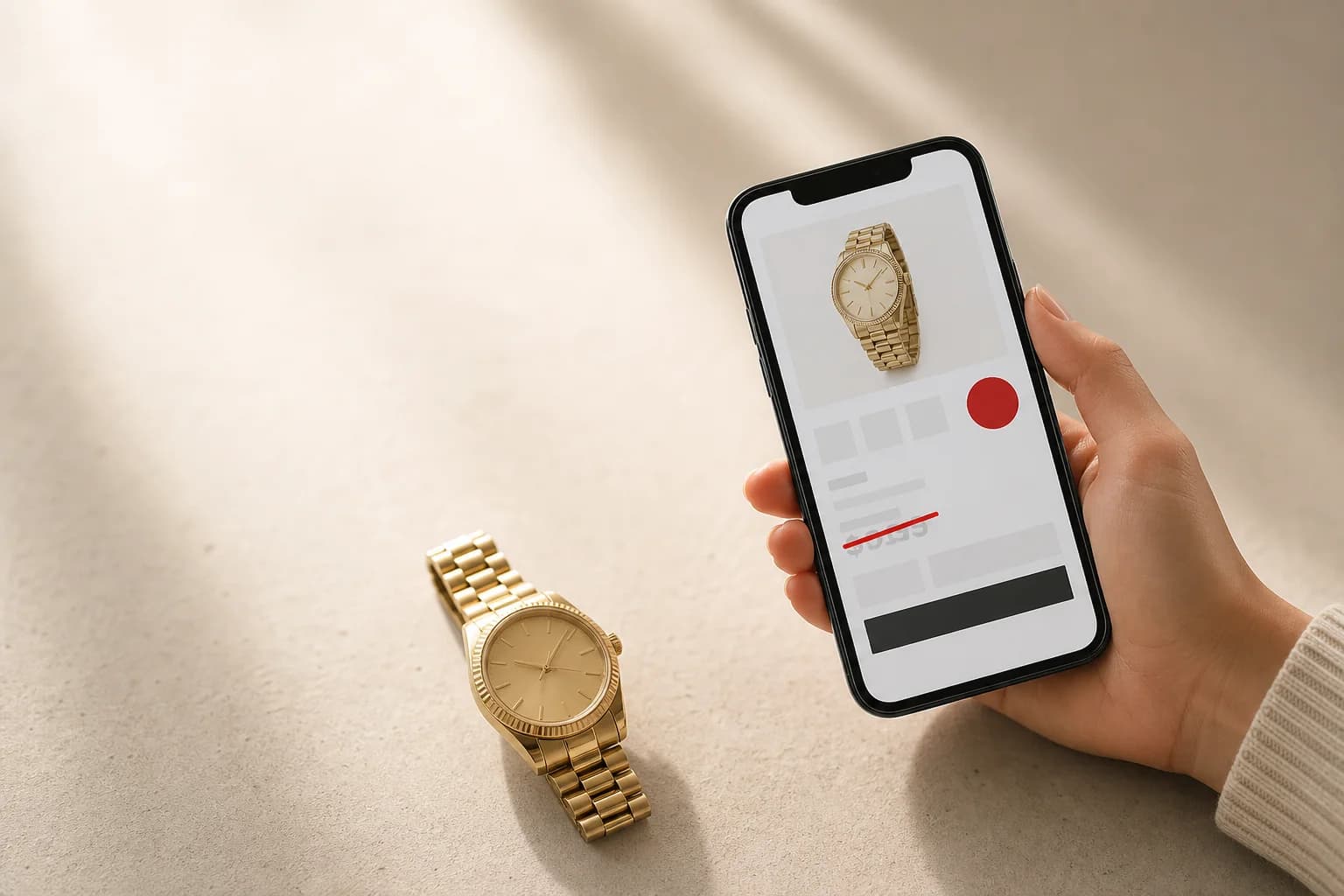 Shopper comparing a gold watch with an online sale listing
