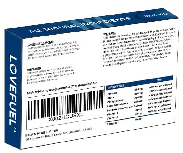 LOVEFUEL 1200mg UK | Stronger | Longer | Harder | Performance | Extra Strength Enhancing Pills, Stamina Endurance Booster Supplement Pills for Men | 10 Ginseng LIBIDO Booster Tablets, view 4