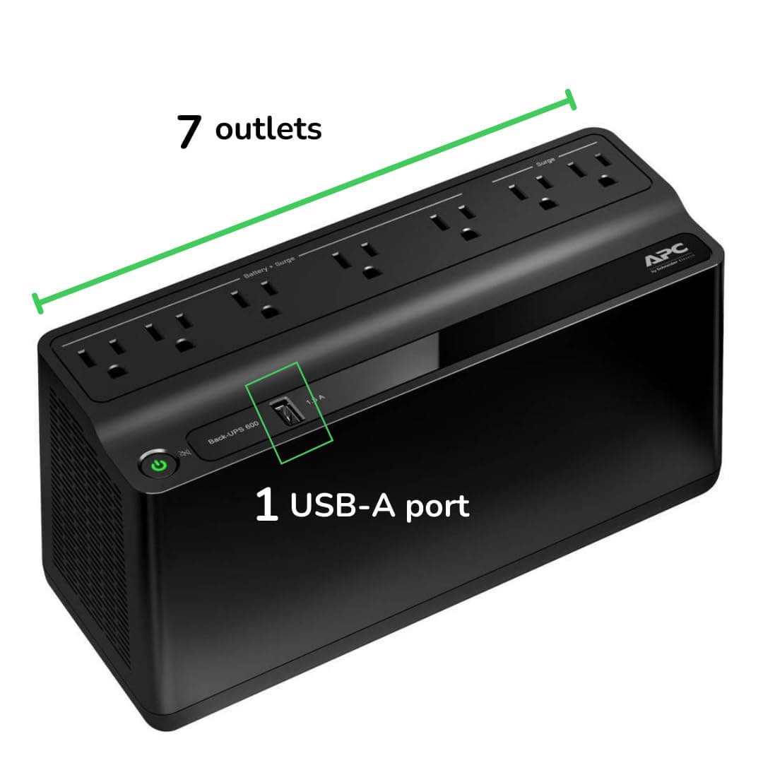 APC UPS 600VA/330W Battery Backup for Computer, Router, NAS, BE600M1, view 2