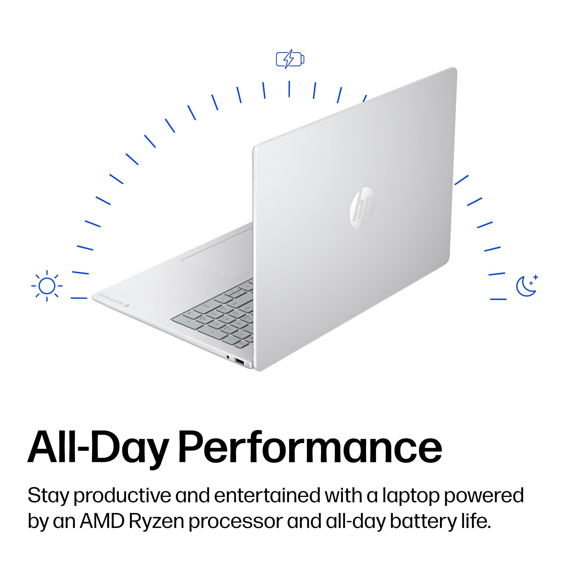 HP OmniBook 3 16 inch Laptop PC, 2K Touchscreen, AMD Ryzen 5 40, 8 GB RAM, 512 GB SSD, AMD Radeon 610M GPU, Windows 11 Home, Glacier Silver, 16-by0499nr, view 4