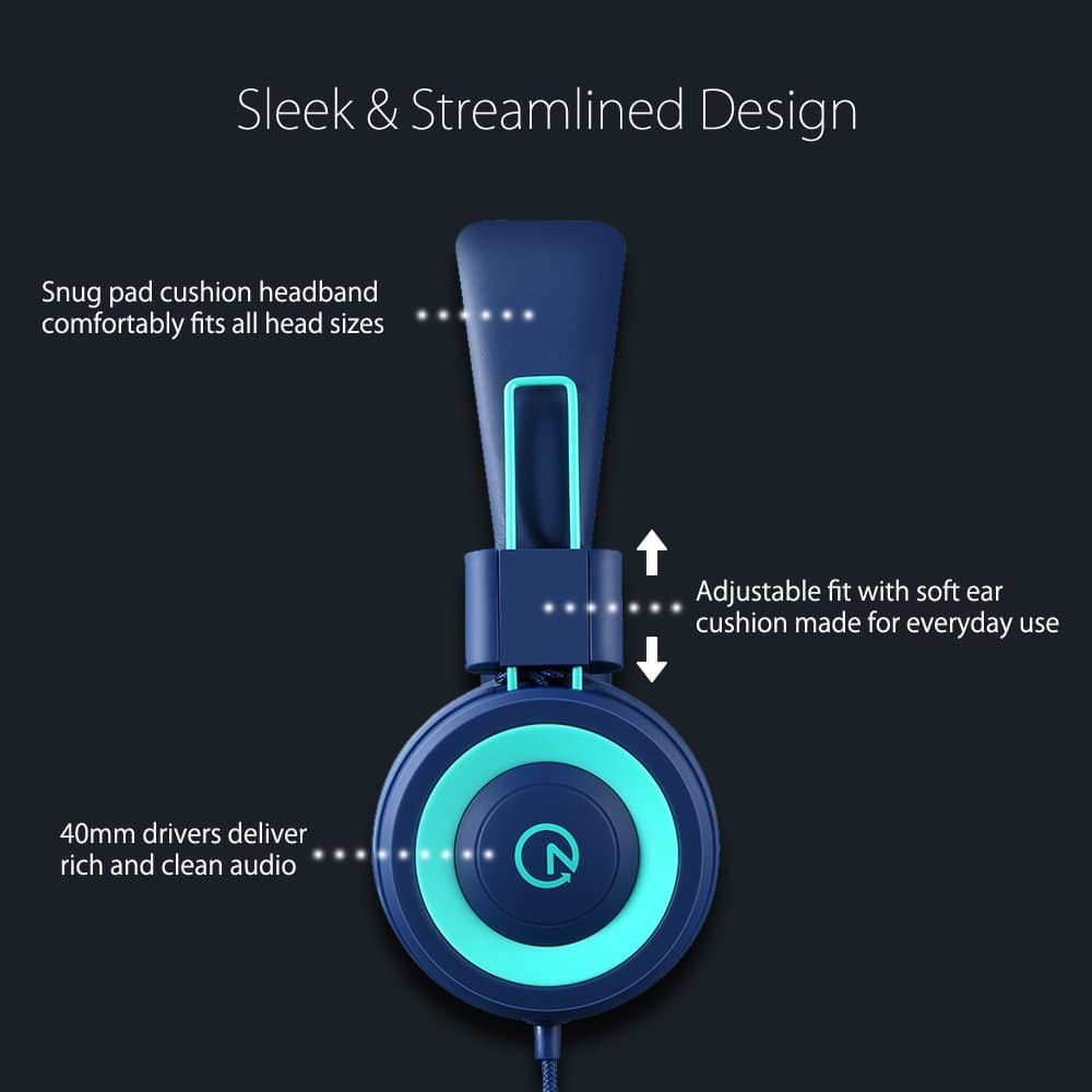 noot products K11 Kids Headphones with Wired Cord 3.5mm Jack Navy/Teal, view 2