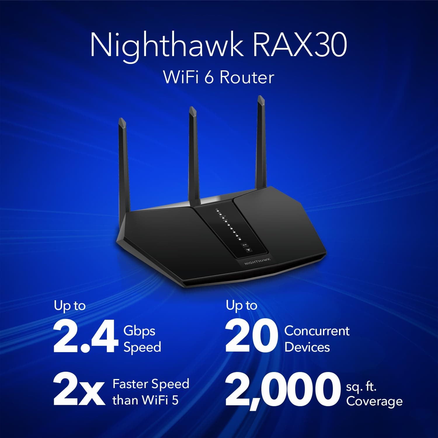 NETGEAR Nighthawk WiFi 6 Router (RAX30) - Security Features, 5-Stream Dual-Band Gigabit Router, AX2400 Wireless Speed (Up to 2.4 Gbps), Covers Up to 2,000 sq.ft. and 20 Devices, view 2