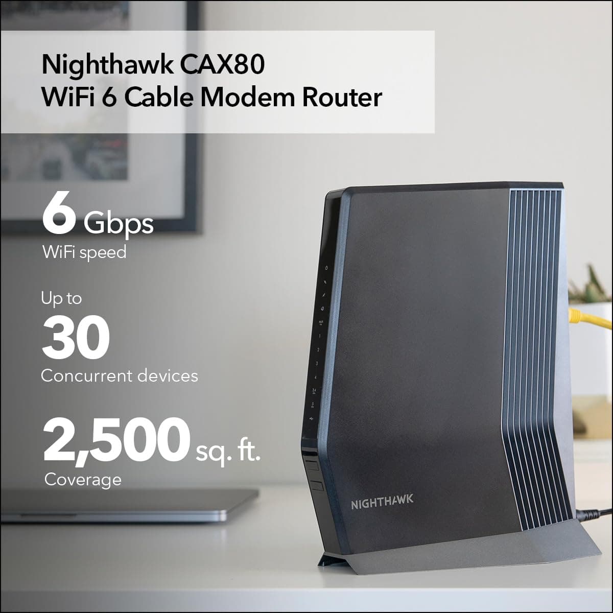 NETGEAR Nighthawk Cable Modem and WiFi 6 Router Combo (CAX80) - Compatible with All Major Cable Providers incl. Xfinity, Spectrum, Cox - Cable Plans up to 2 Gbps - AX6000 WiFi 6 Speed - DOCSIS 3.1, view 2