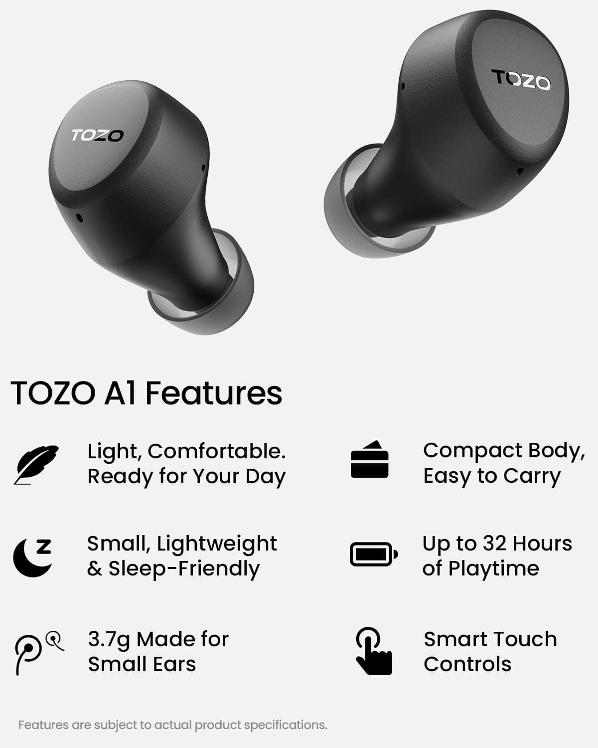 TOZO A1 Wireless Earbuds Bluetooth 5.3 Light Weight in Ear Headphones, view 2