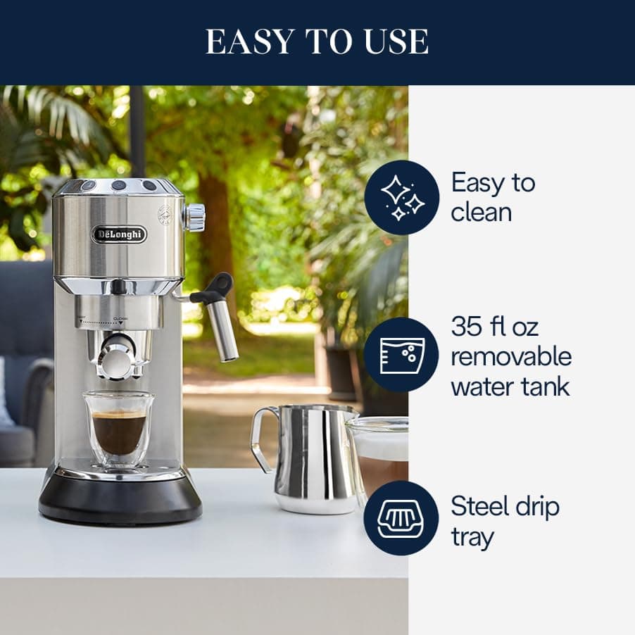 De'Longhi Dedica Espresso Machine, 15-Bar Pump, Frother, Stainless Steel, view 3