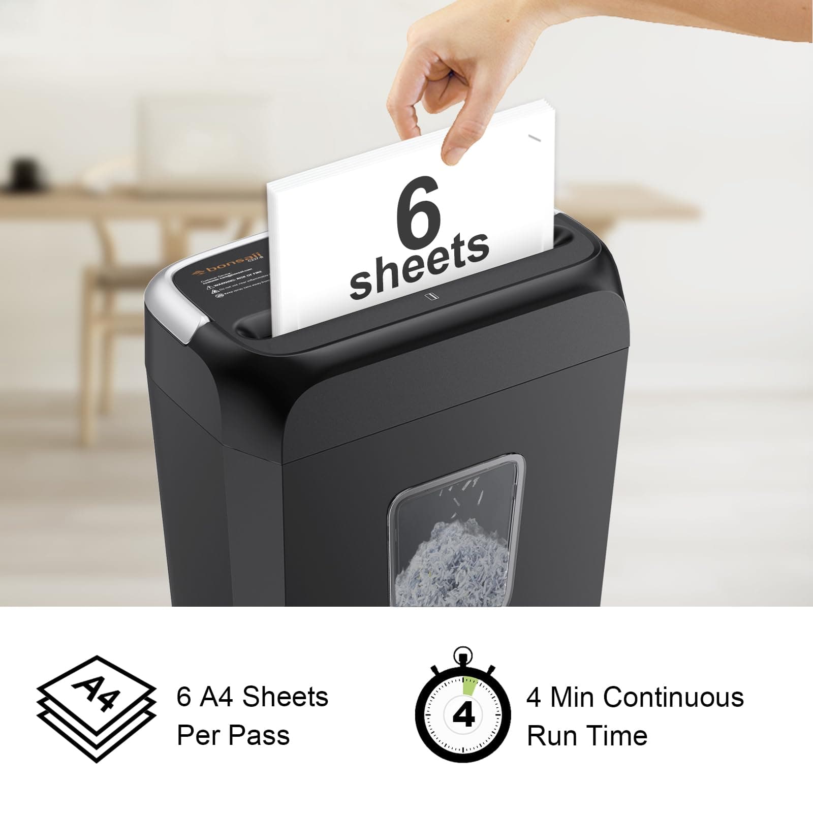 Bonsaii 6-Sheet Cross Cut Paper Shredder for Home, 3.4 Gal Bin, view 2