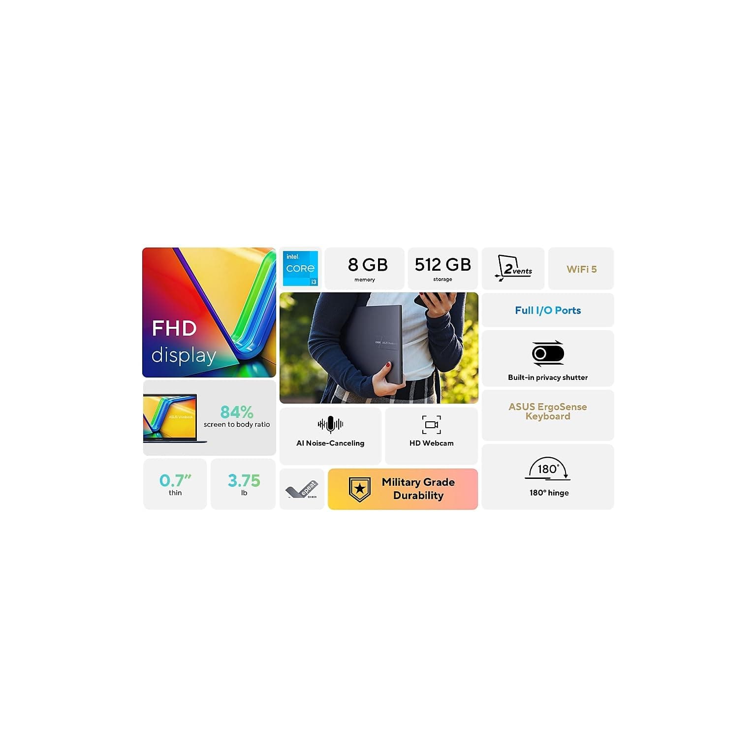 ASUS VivoBook 15 FHD 15.6" Laptop, Intel Core i3-1315U, 8GB RAM, 512GB SSD, Windows 11 (F1504VA-SB31), view 2