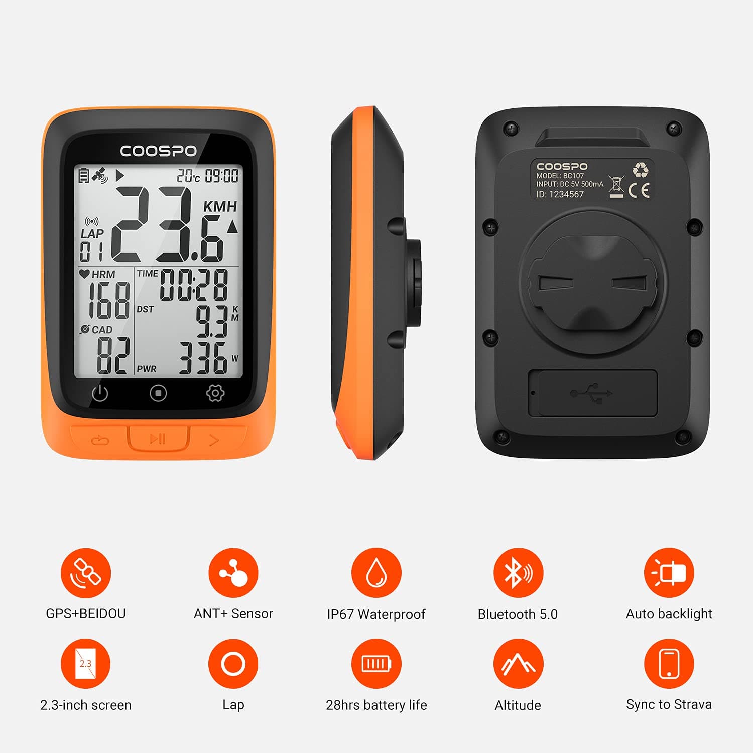 COOSPO Bike Computer Wireless GPS, Cycling Computer GPS Bike Tracker with Bluetooth/ANT+, Waterproof Bicycle Computer GPS Speedometer with Auto Backlight, 2.4 inch LCD Display, view 2