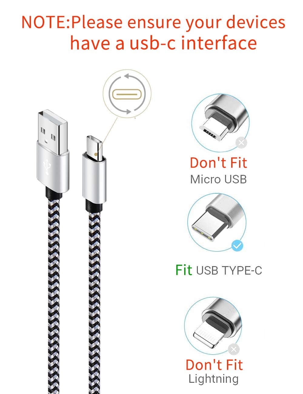 Teeind USB C Cable 6ft 5Pack, 3A Fast Charging Nylon Braided Type C Cord, view 2