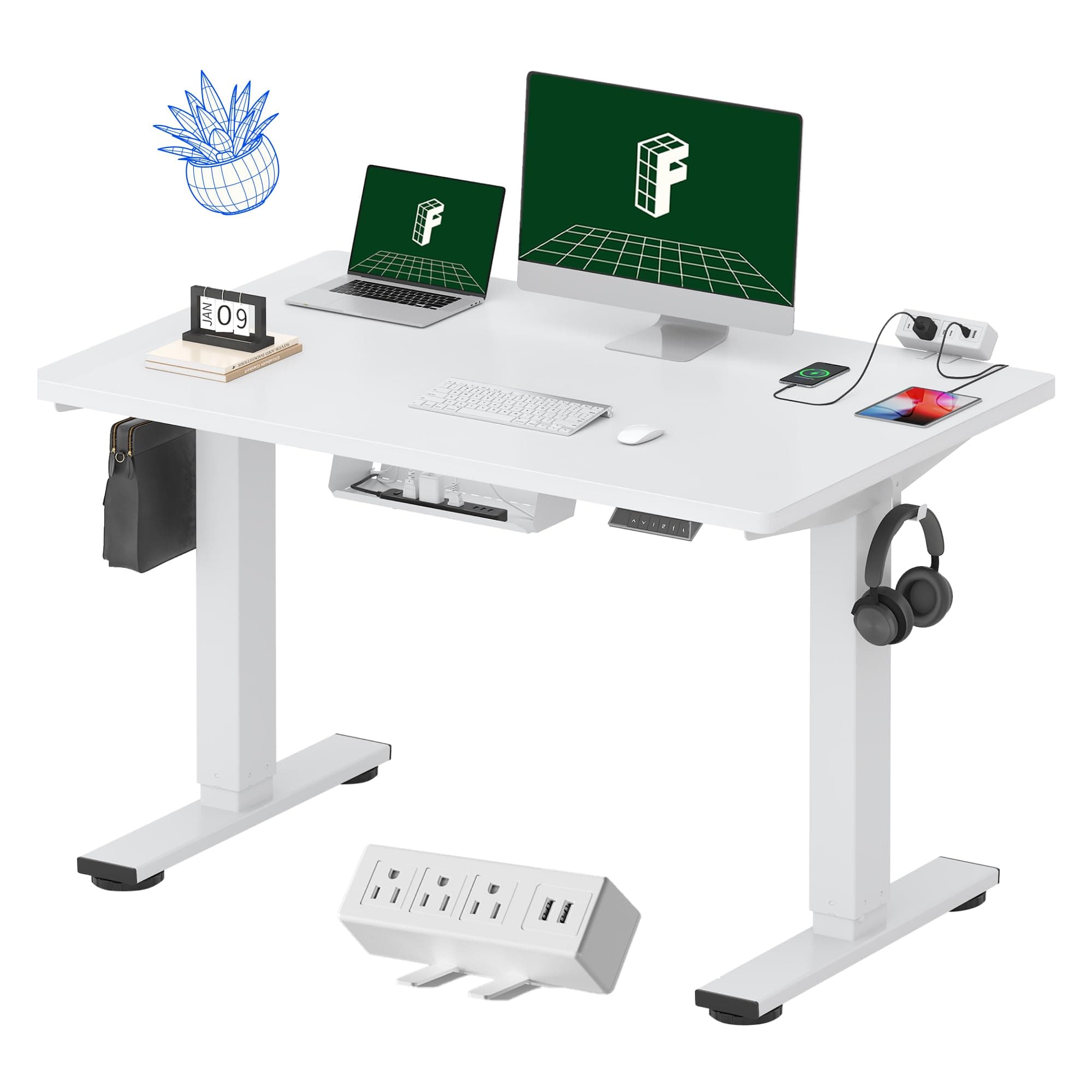FLEXISPOT EN2 48"x30" Whole-Piece Standing Desk with Power Strip, White