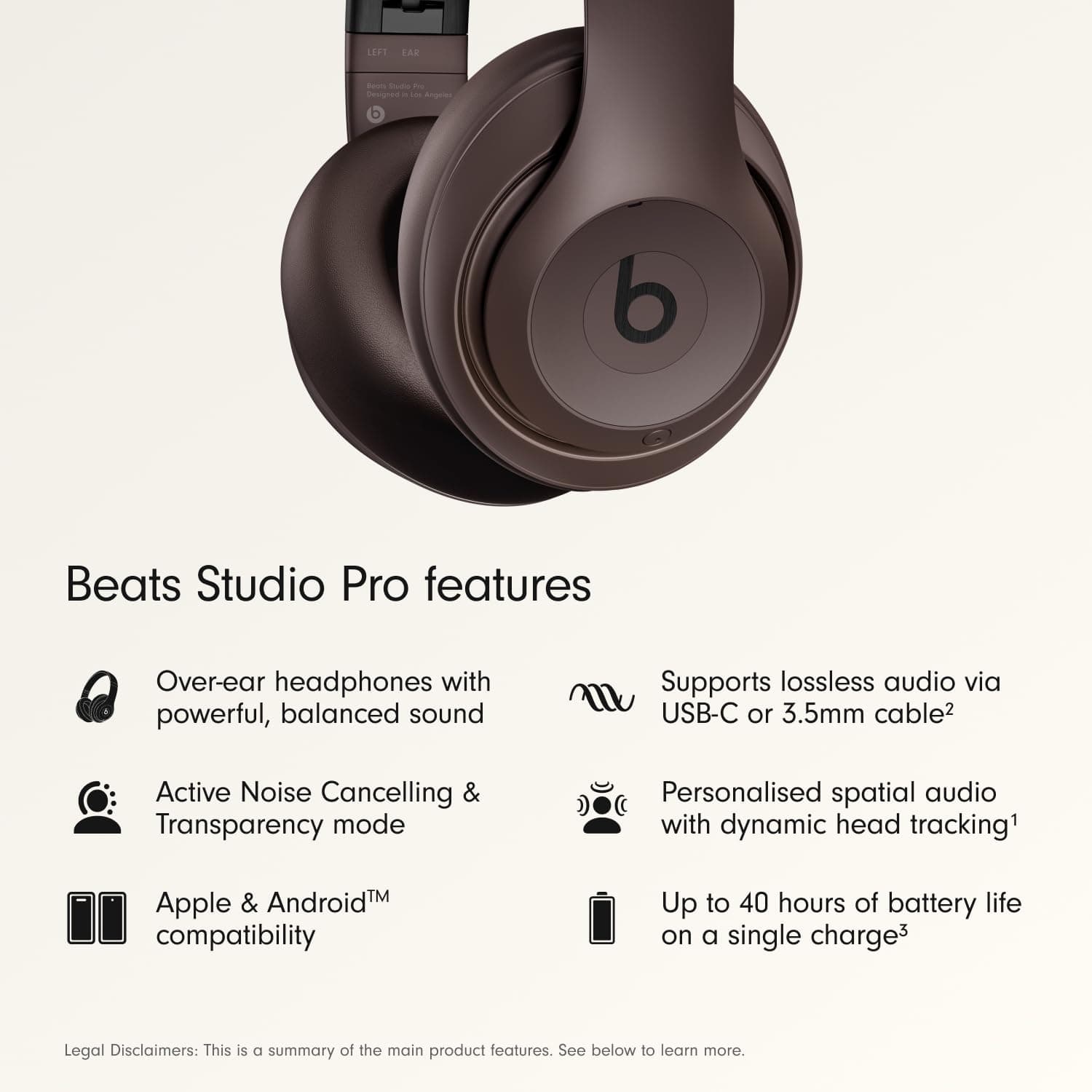 Beats Studio Pro Premium Wireless Over-Ear Headphones- Up to 40-Hour Battery Life, Active Noise Cancelling, Great for Travel & Commuting, USB-C Lossless Audio, Apple & Android Compatible - Deep Brown, view 2