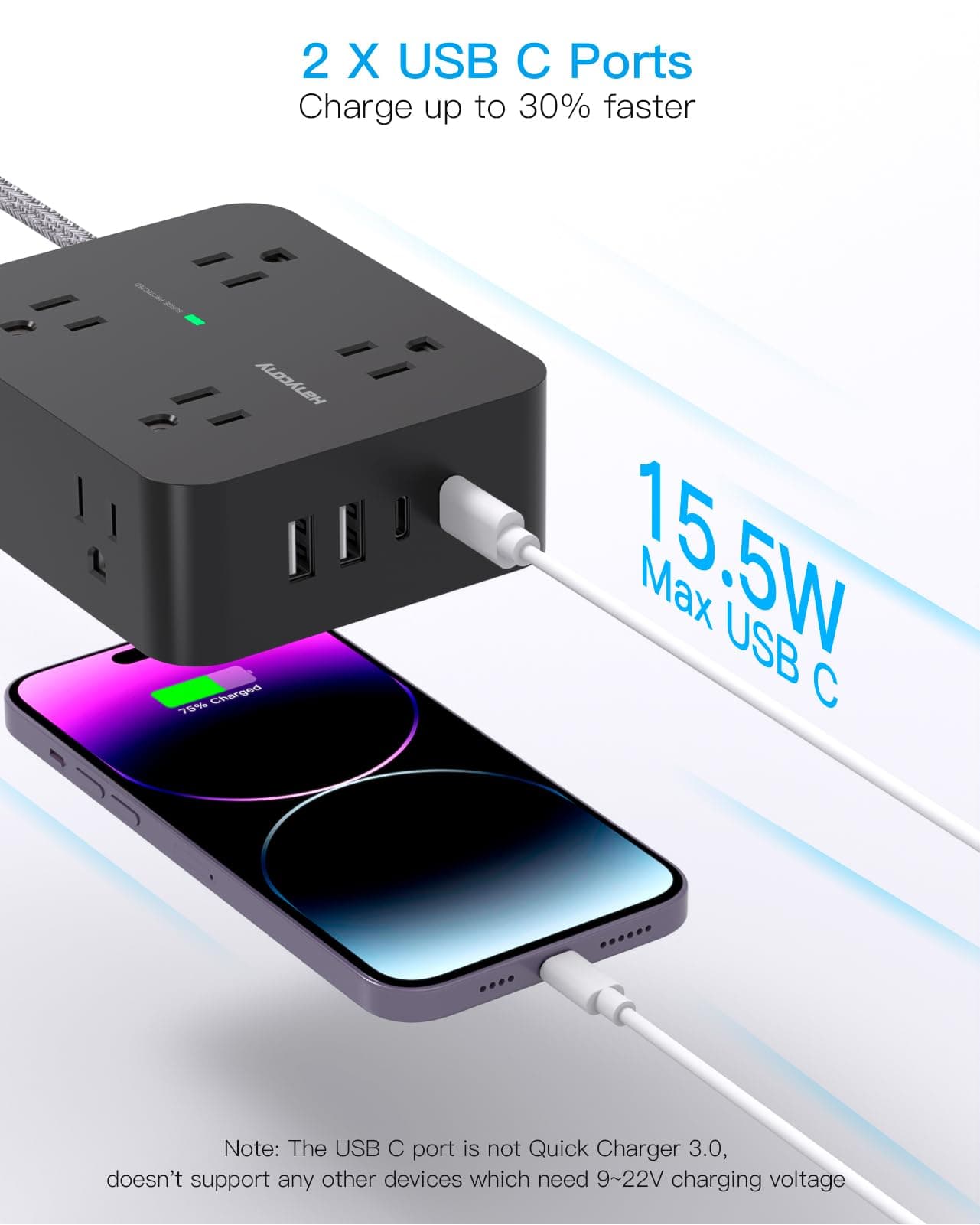 HANYCONY Surge Protector Power Strip, 1080J, 5 Ft Braided Extension Cord, view 4
